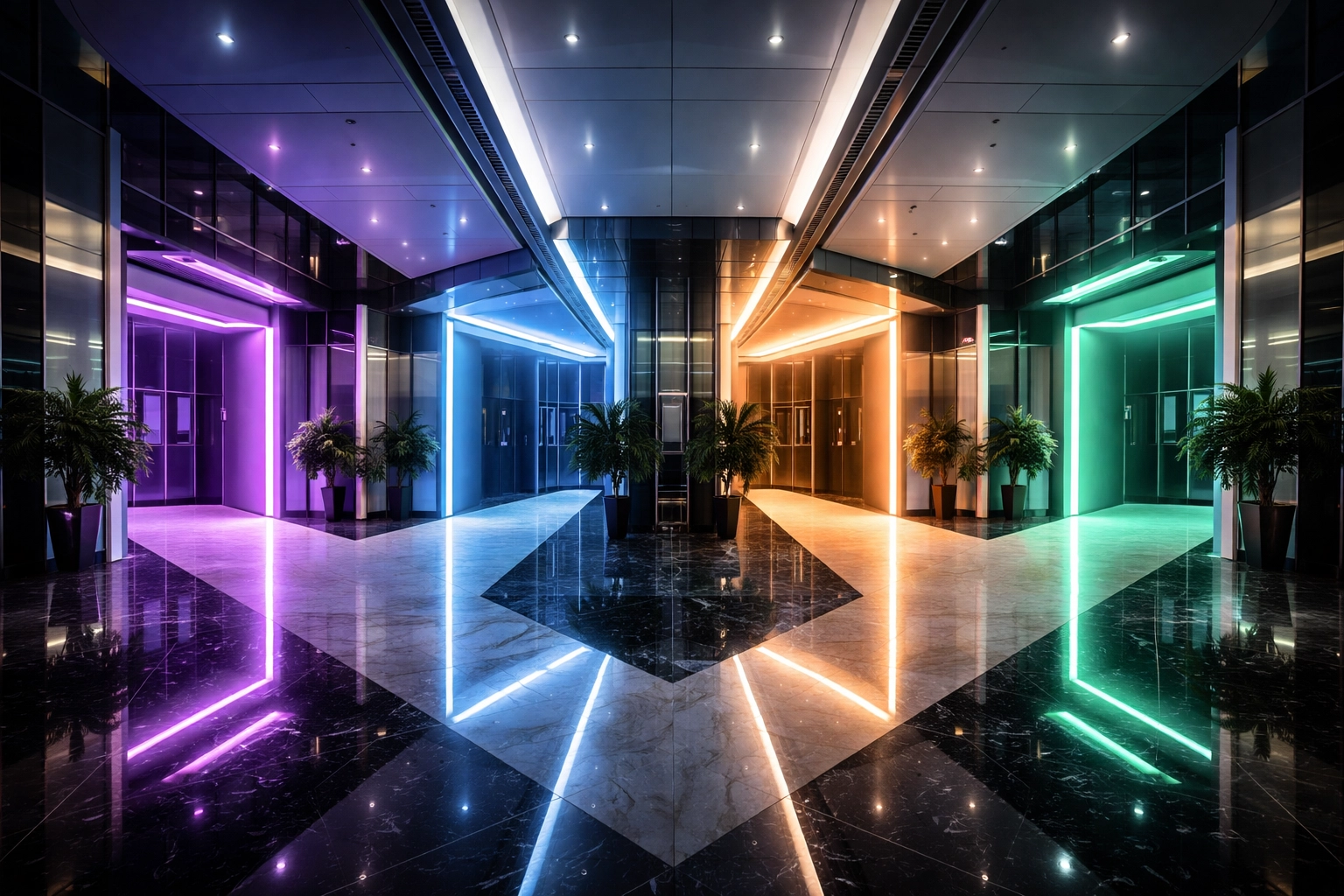 Lobby with branching pathways symbolizing diversified global investment opportunities and strategies.