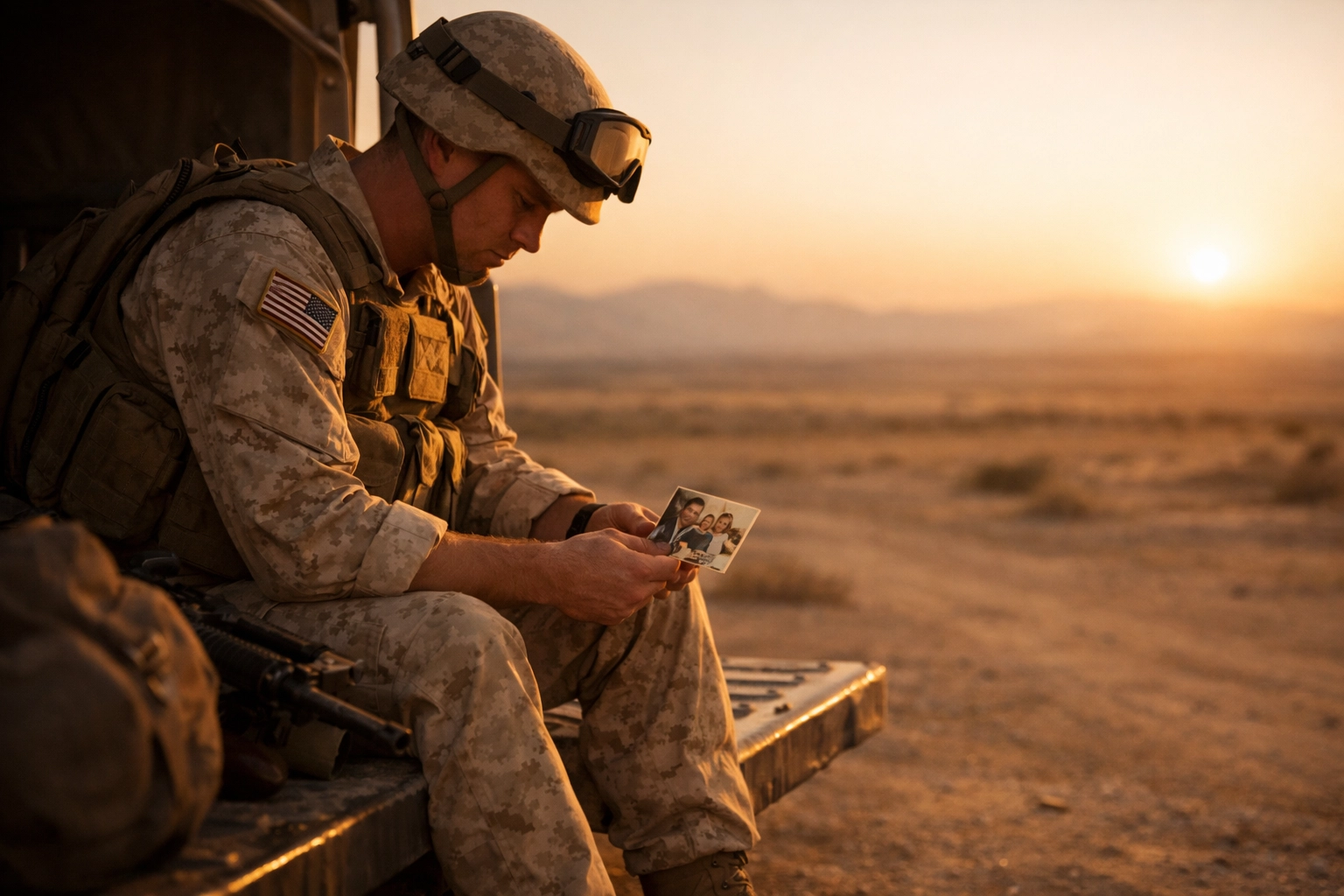 US service member in desert fatigues looking at a family photo during deployment at sunset.