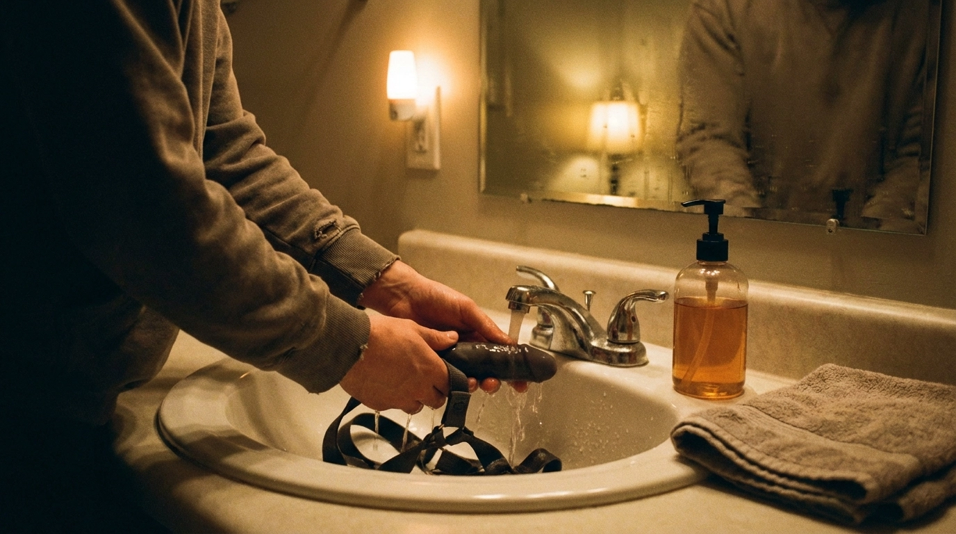 Grainy evening bathroom sink aftercare vibe: hands washing a silicone dildo and harness straps under warm tap water, towel nearby, documentary framing