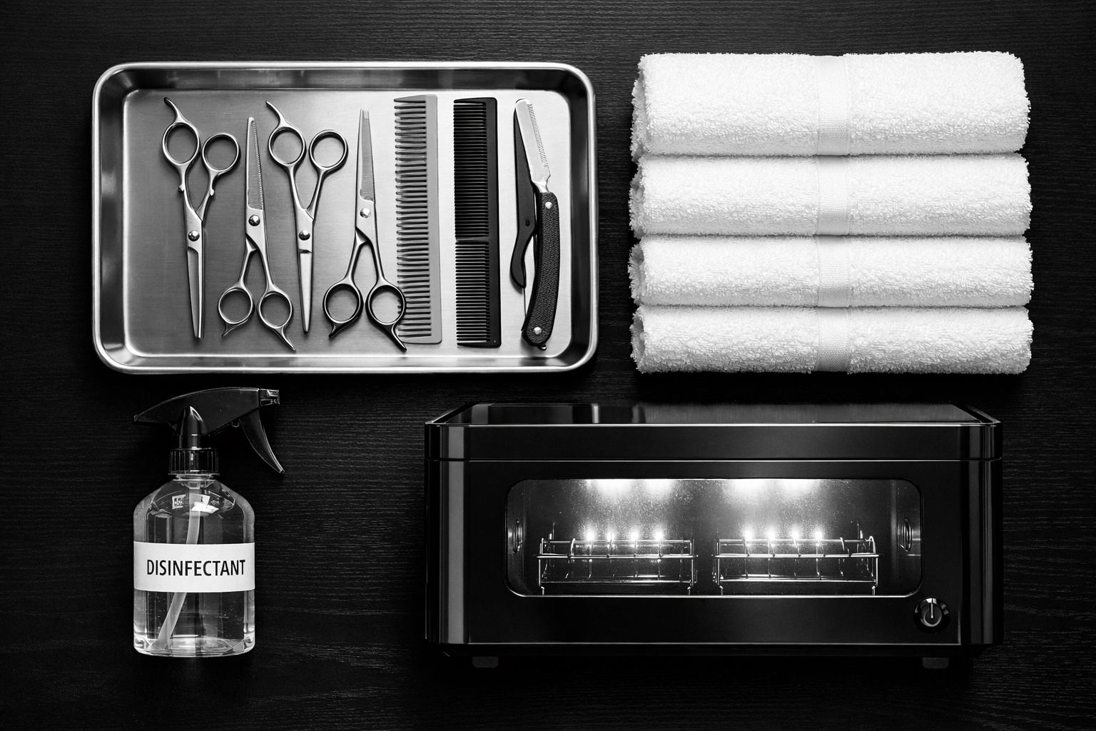 Organized barber station with sterilized tools, scissors, combs, and sanitation supplies