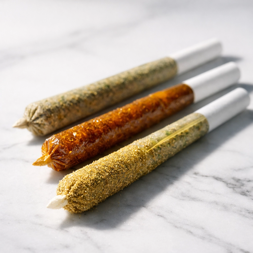 Three infused pre-rolls showing kief, rosin, and distillate coating options on marble surface