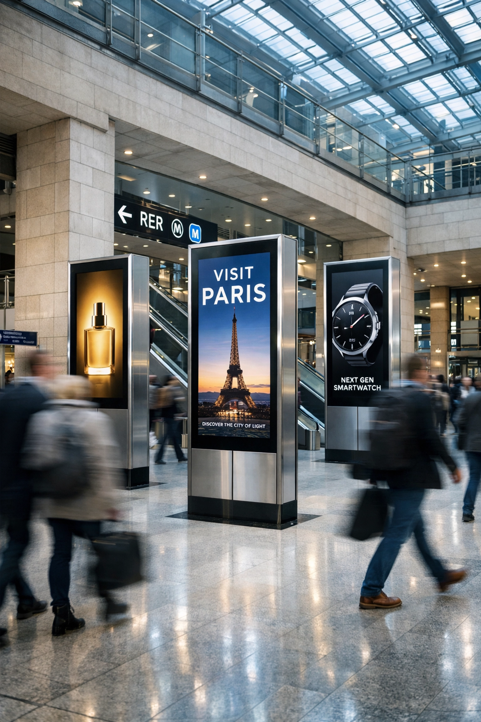 Modern transit hub in Paris featuring digital advertising pillars for venue targeting.