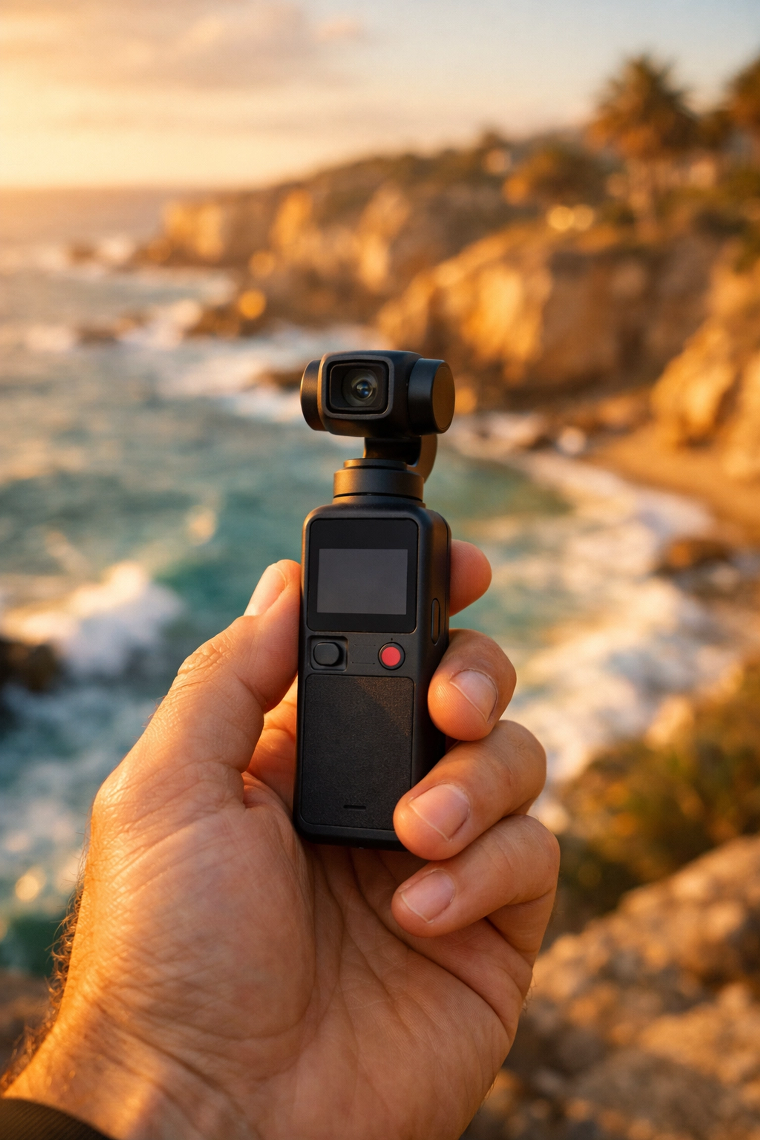Hand holding the new DJI Osmo Pocket 4 gimbal camera during a coastal travel photography shoot.