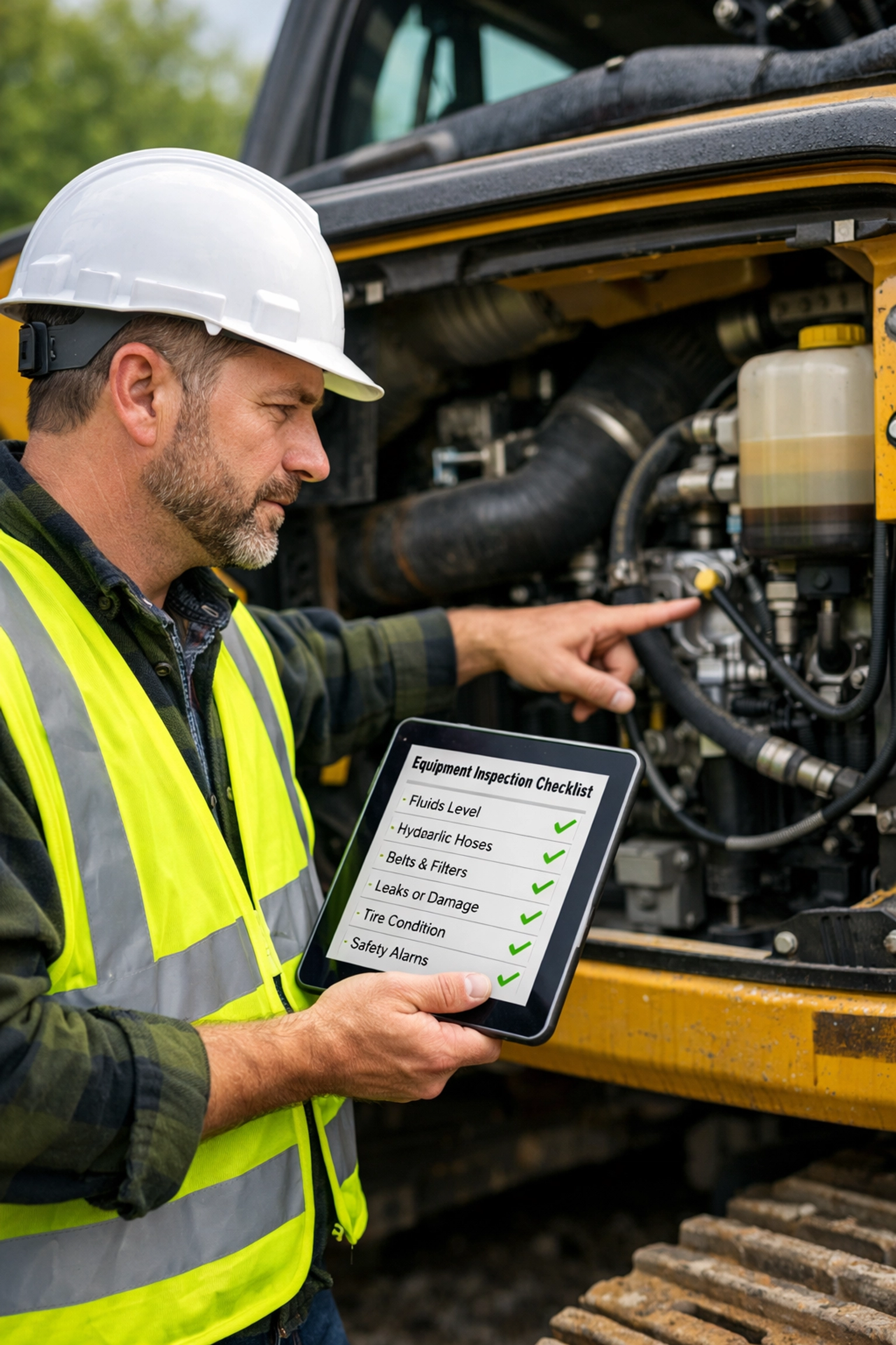 Landscaping foreman performing a safety inspection on heavy equipment for risk management compliance.