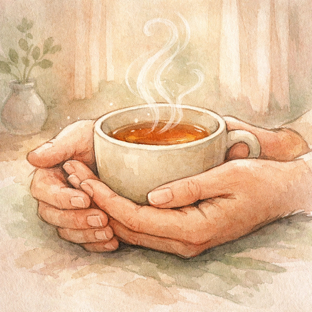 Parent's hands holding warm tea during midday prayer break at home
