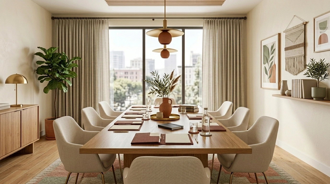 High-end conference room prepared for a family law property discussion with terracotta and sage accents.