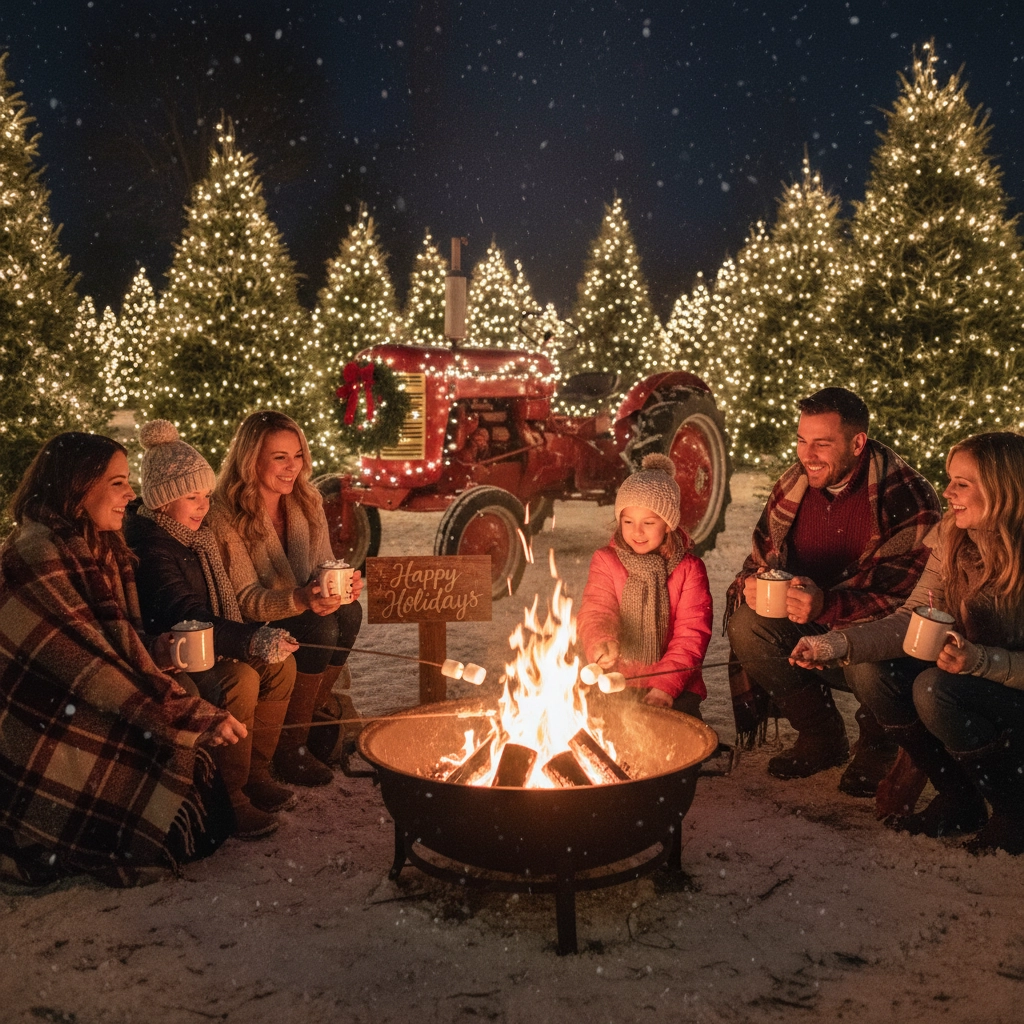 Tractor pulling a wagon through a festive light display at Johnson's Corner Farm