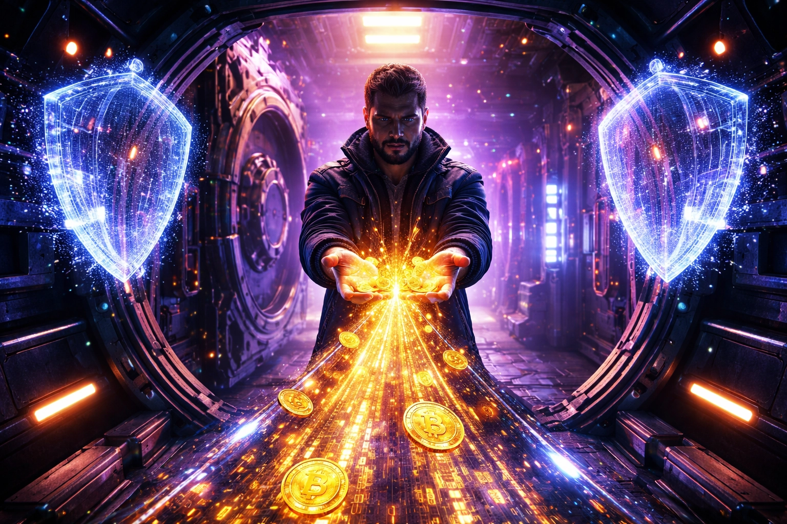 A futuristic vault opens to transfer cryptocurrency directly into a merchant's hands, symbolizing self-custody payments and financial empowerment.