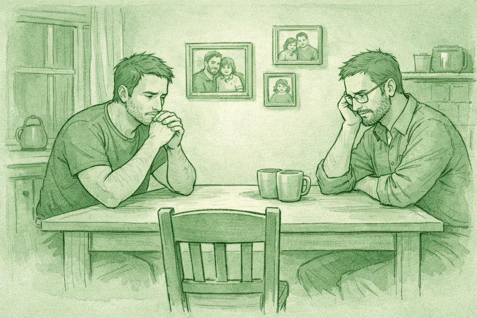 Two gay dads at kitchen table awaiting difficult family conversation