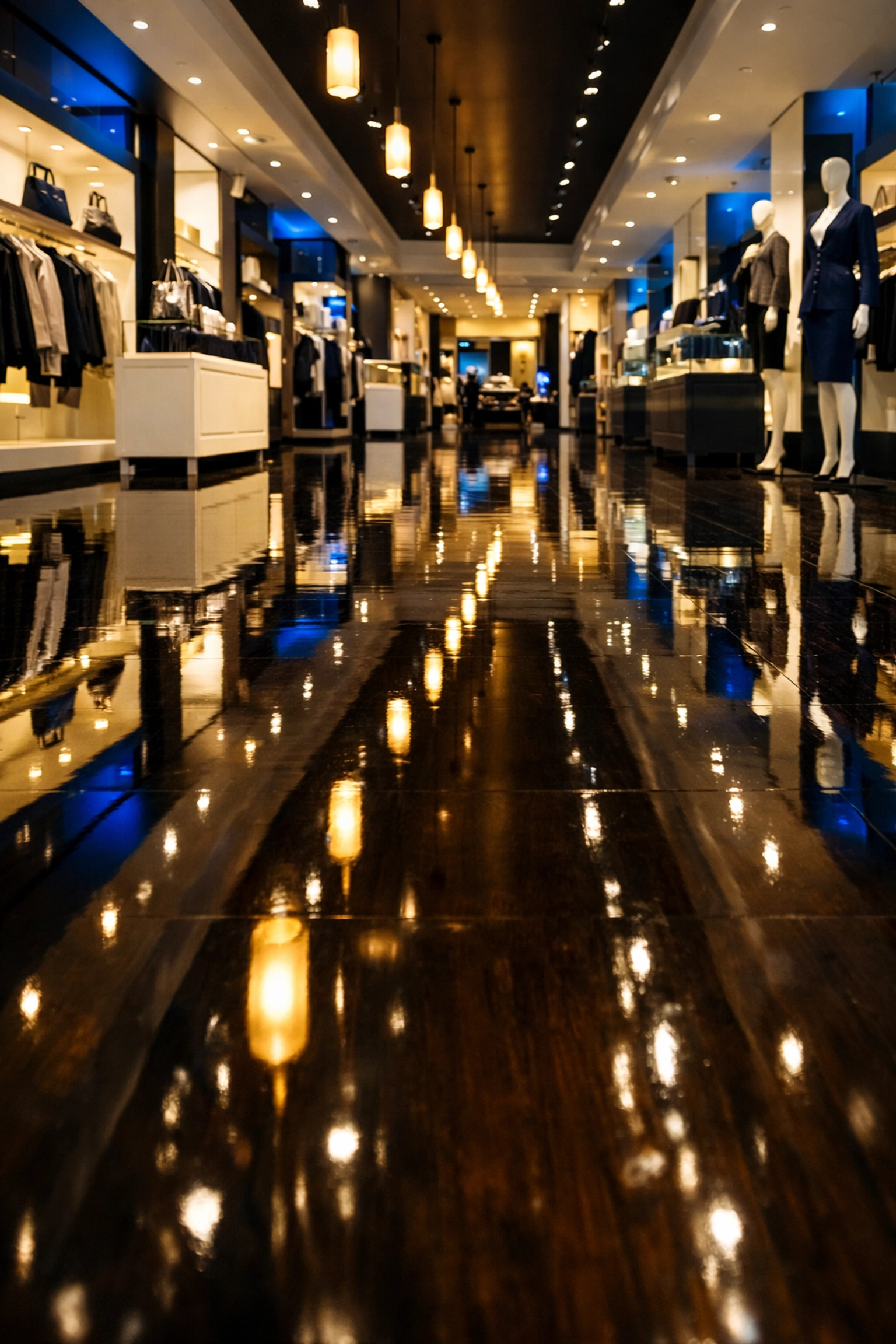 Luxury retail showroom with high-gloss polished hardwood floors and spotless displays.