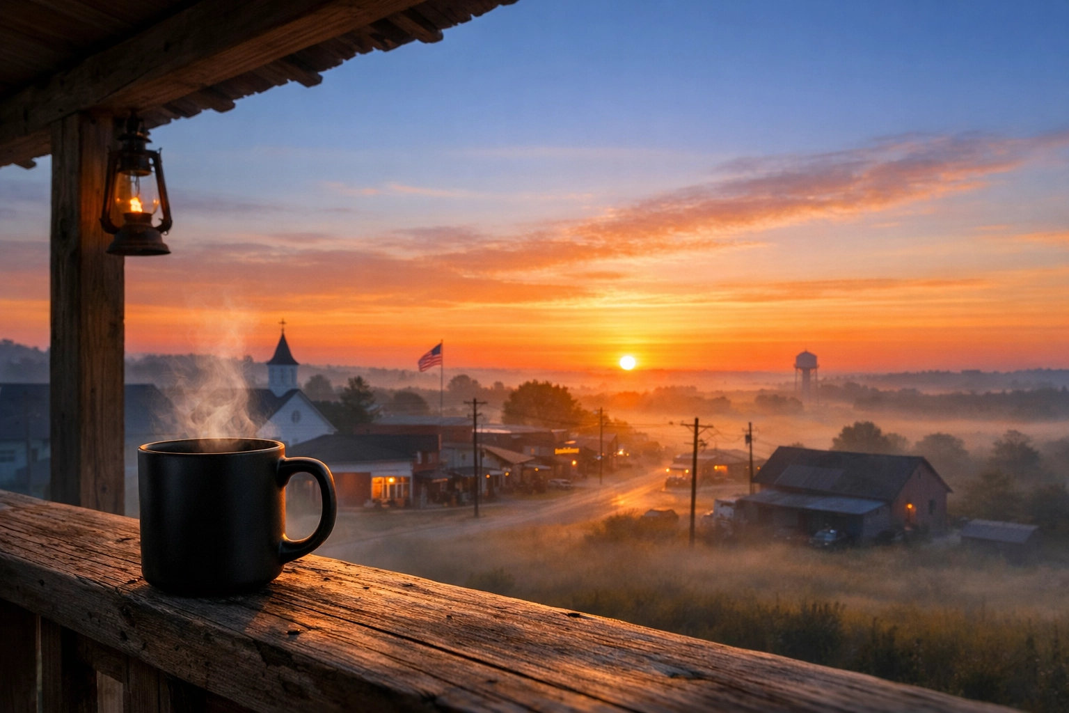 Coffee mug on a porch railing at sunrise, representing the visionary spirit and the breakout after the lull.