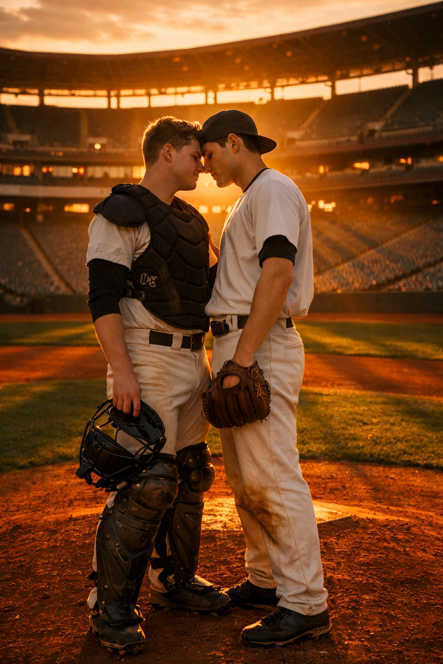 Gay baseball players sharing intimate moment on field representing LGBTQ+ inclusion in sports