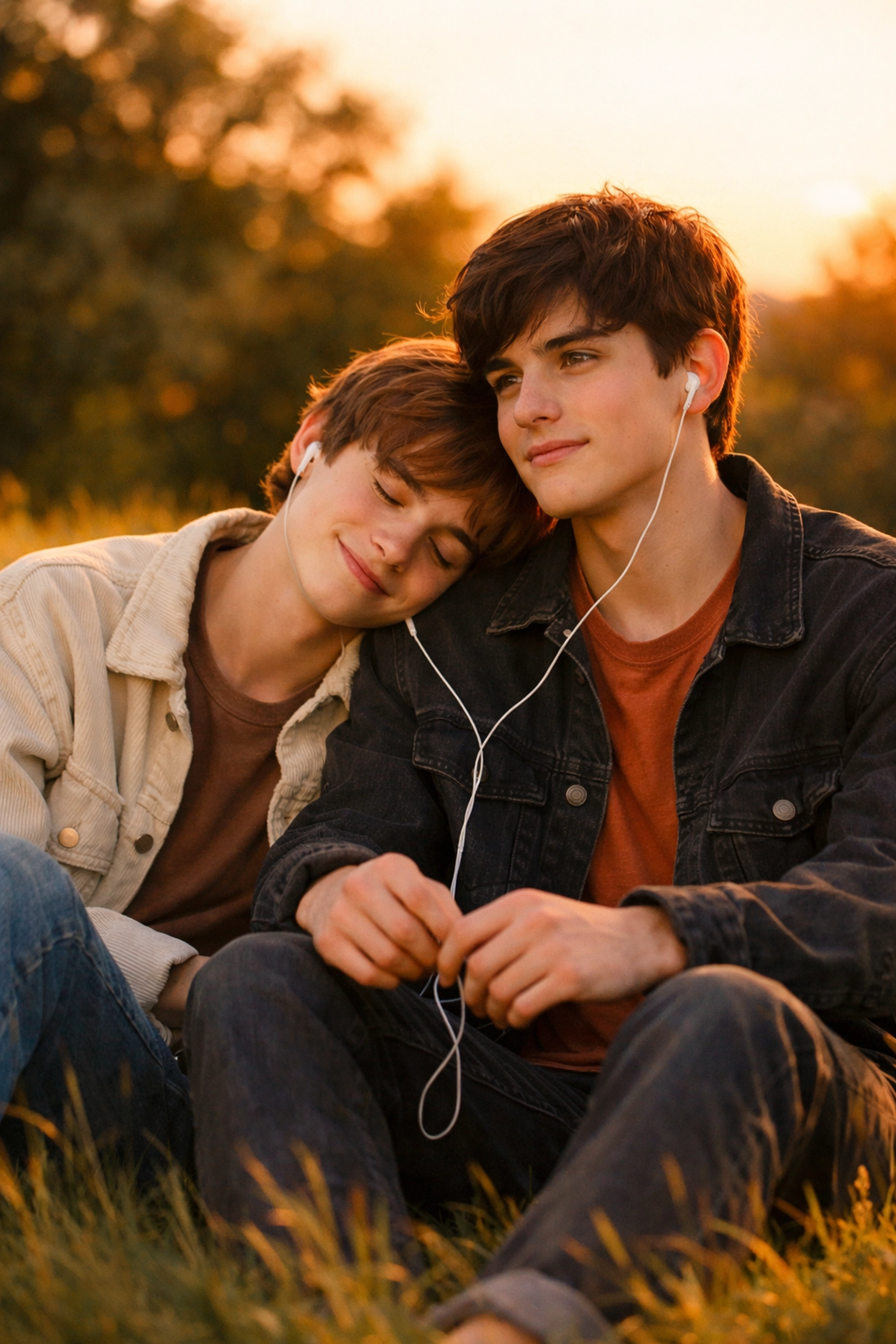 Two teenage boys sharing headphones on a hill, capturing the pining trope in 2026 MM romance book releases.