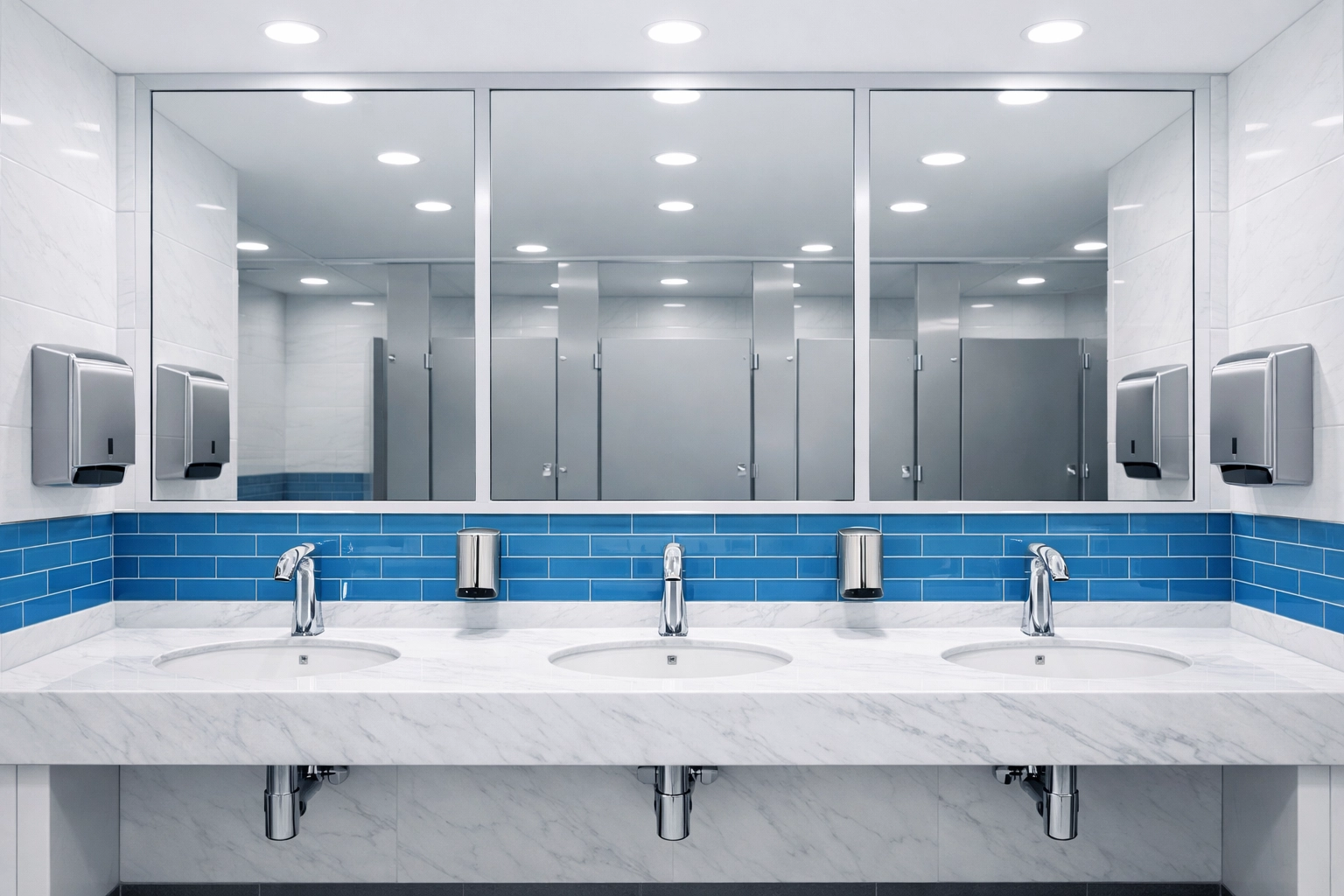 Spotless and sanitized modern church restroom with professional commercial cleaning.