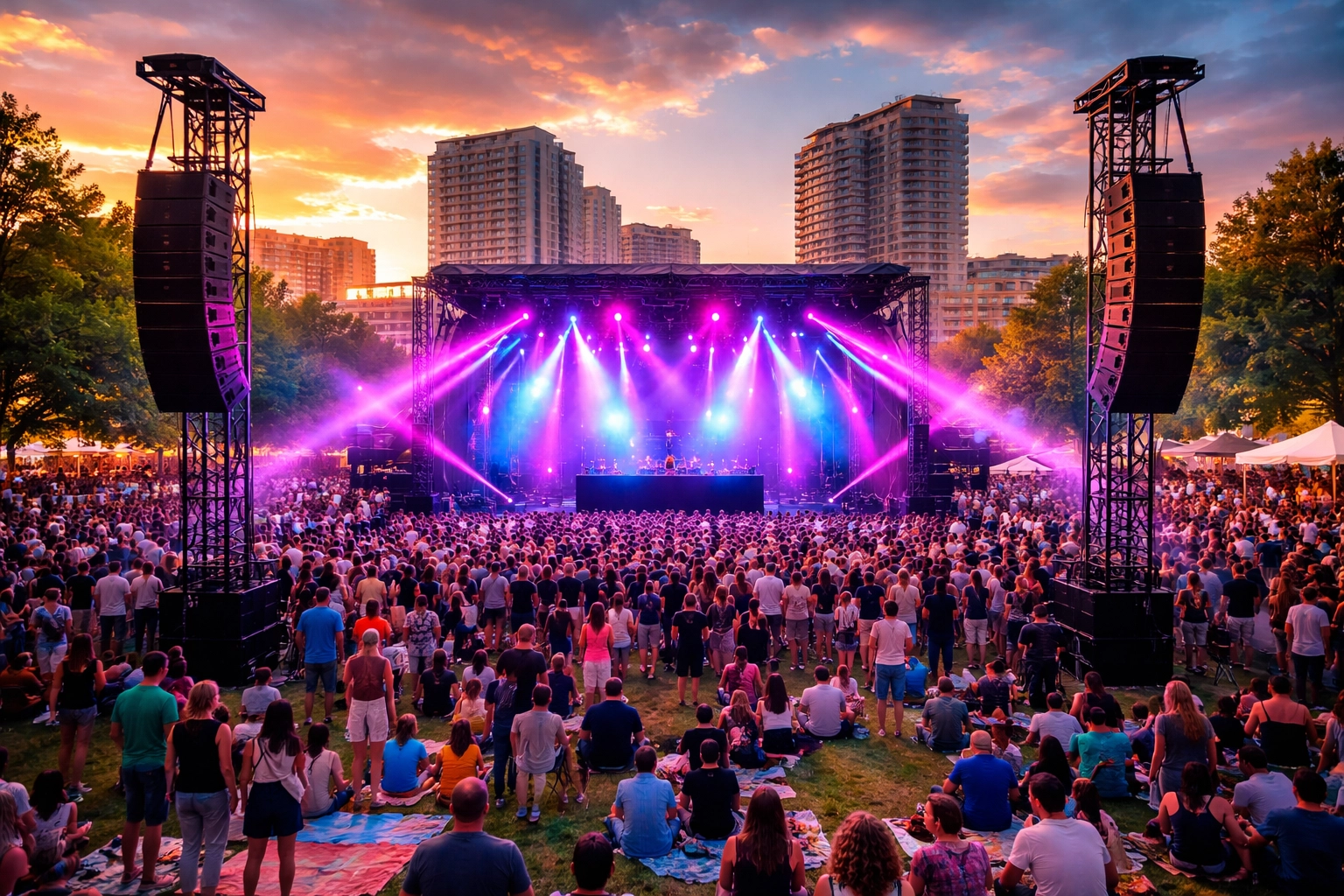 Families enjoy a lively outdoor community festival with professional sound equipment and colorful stage lighting.