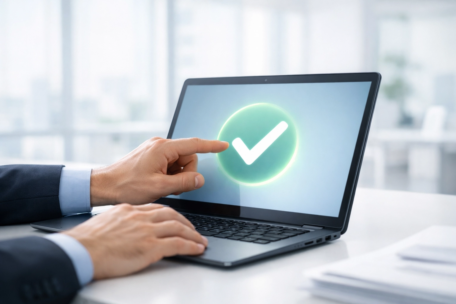 Small business owner successfully filing 1099 forms using the modern IRS IRIS portal on a laptop.