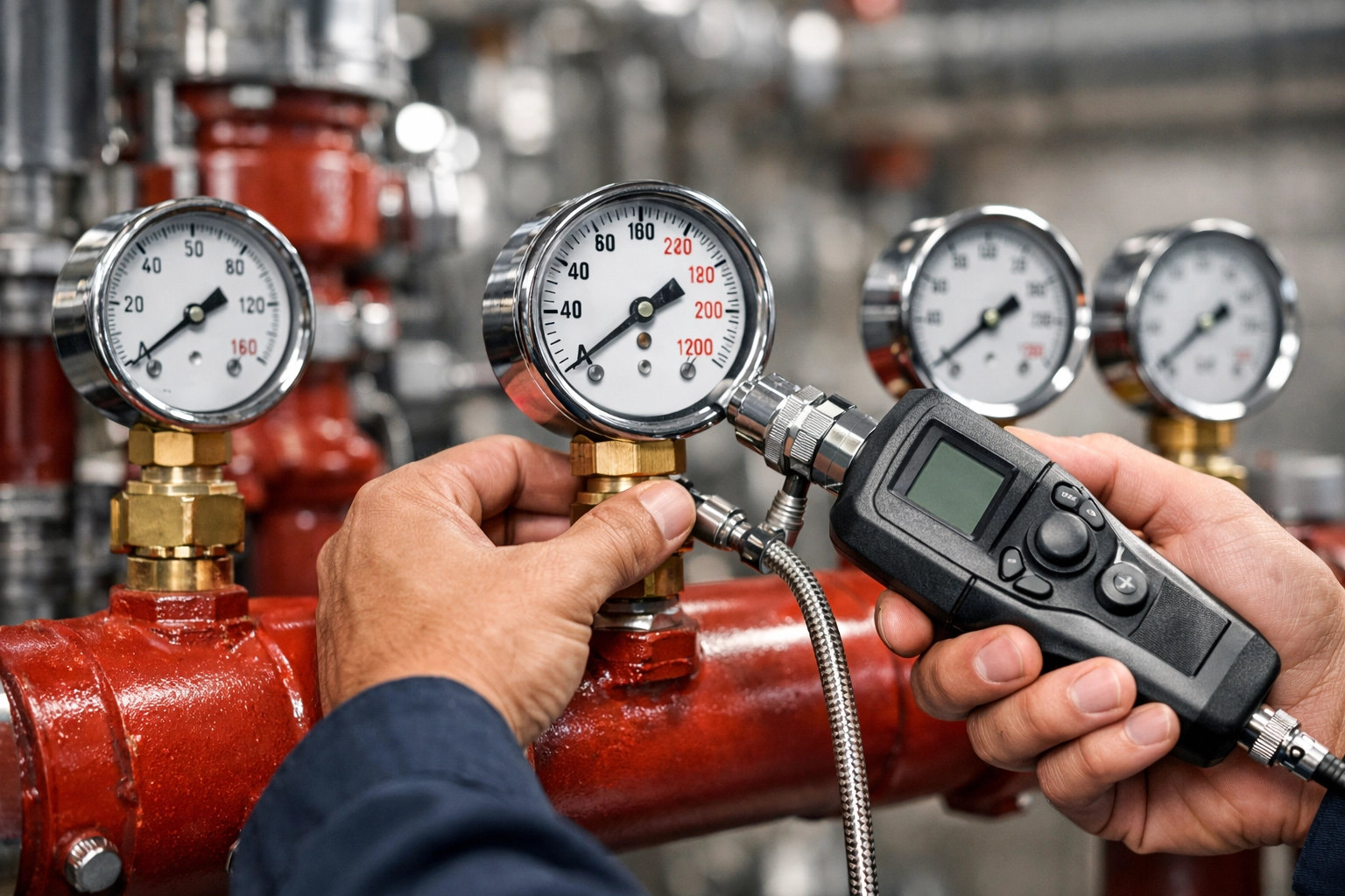 Technician inspecting fire sprinkler gauges on a red pipe to ensure NFPA compliance in Venice, FL.