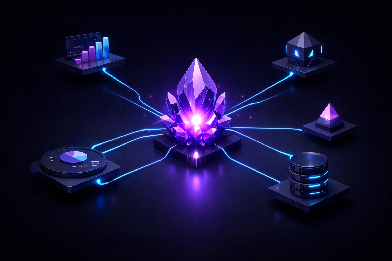 A glowing central core managing automated systems to help small businesses scale with AI.