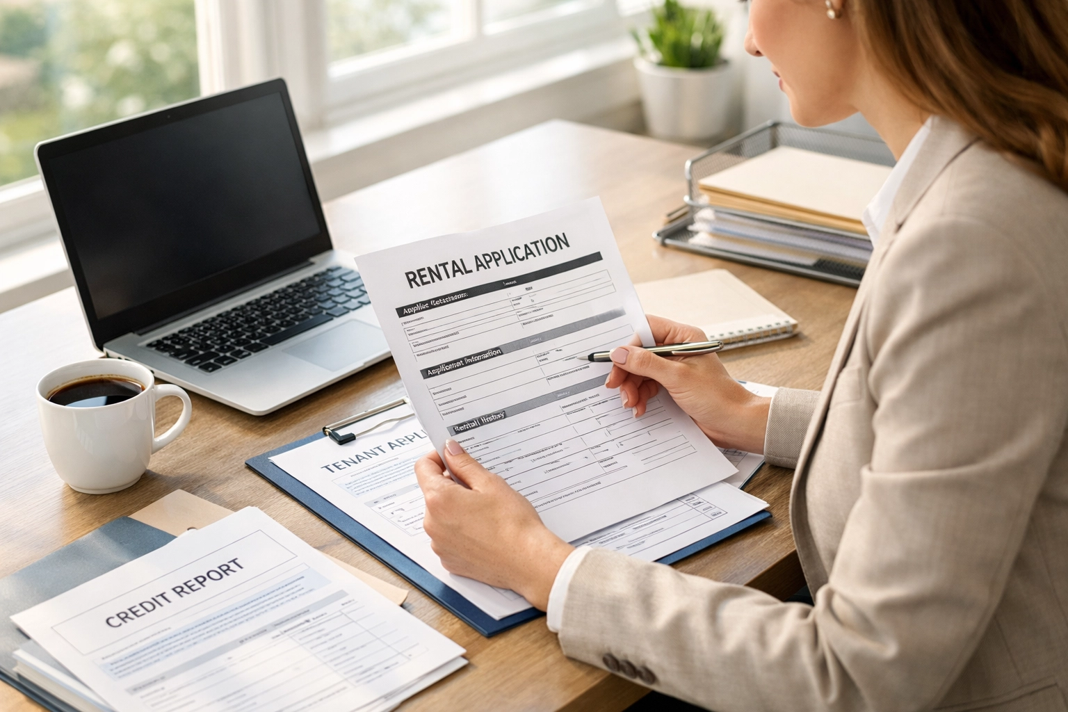 Property manager conducting thorough tenant screening and application review