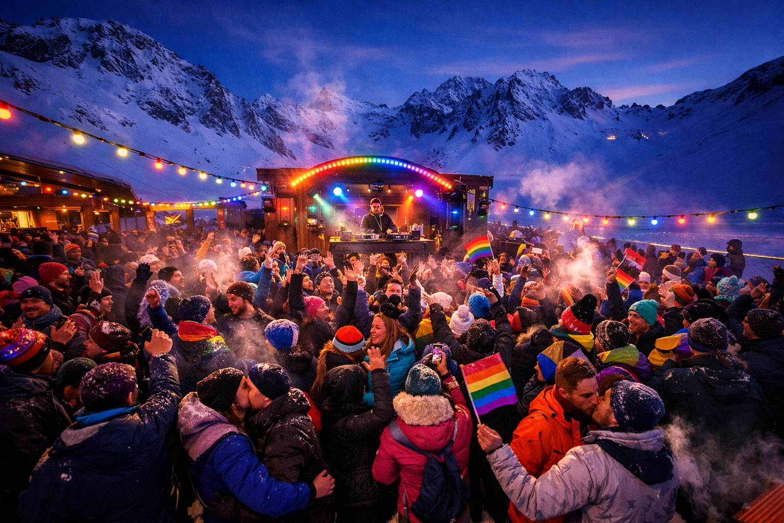 LGBTQ+ après-ski party at Snow Pride with DJs and mountain views in Tignes Val Claret