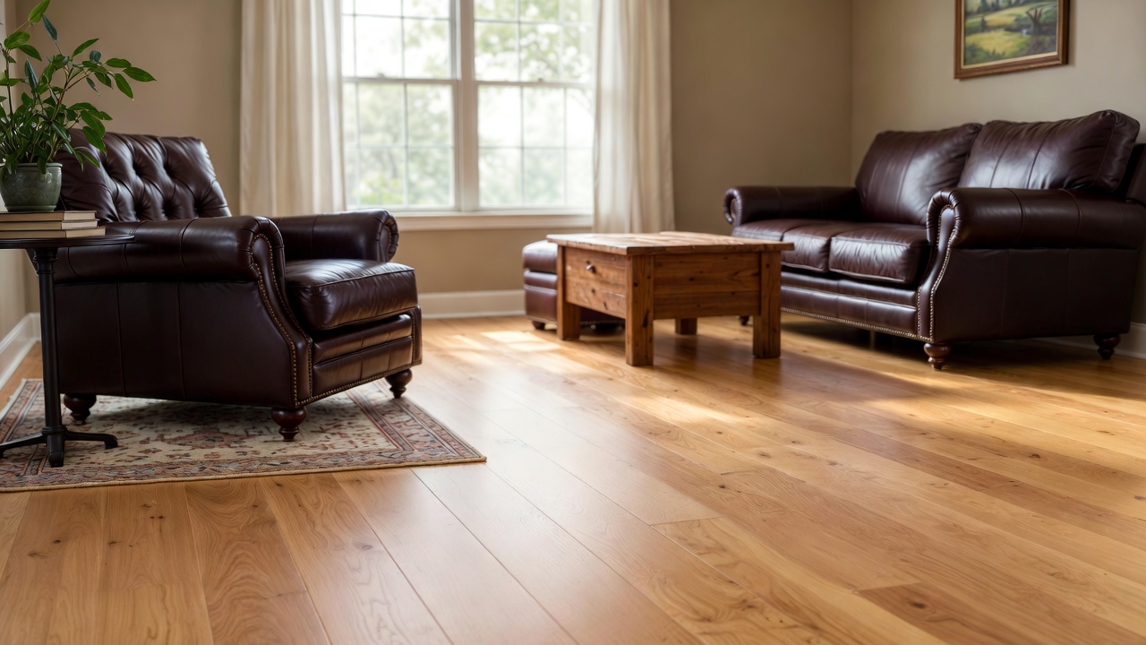 Wide-plank Light-Stained Hardwood Flooring in Sunlit Living Room