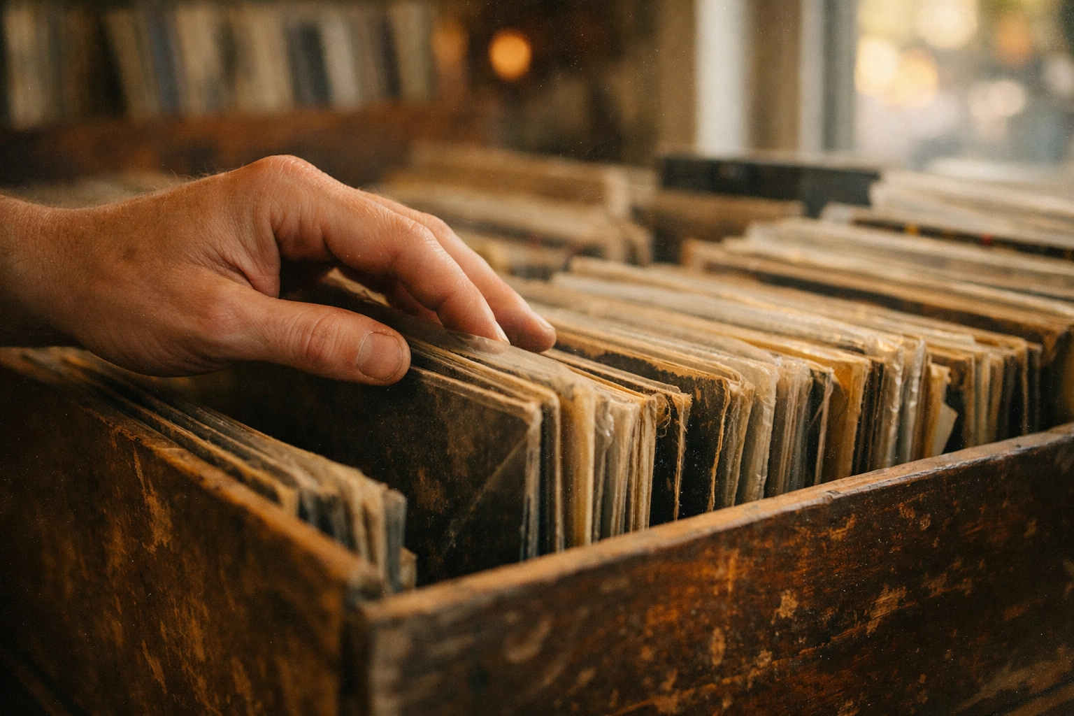 Hands flipping through used vinyl in a worn wooden bin, shot in warm, moody 35mm film light