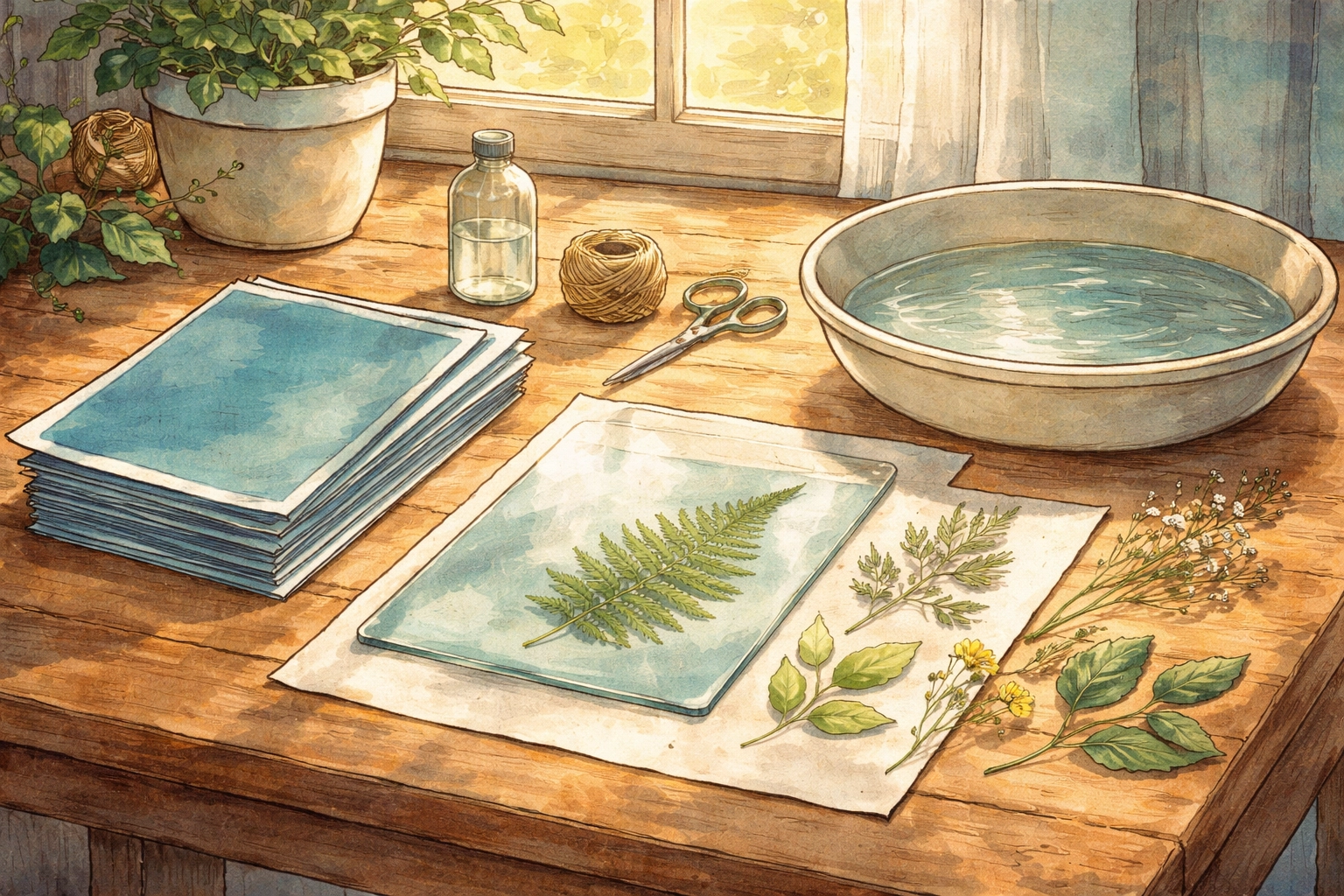 Sun print craft materials including cyanotype paper, ferns, leaves, and a water basin arranged on a table for a family activity
