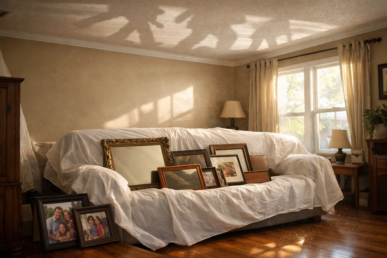 Interior home preparation for roof installation with pictures removed from walls