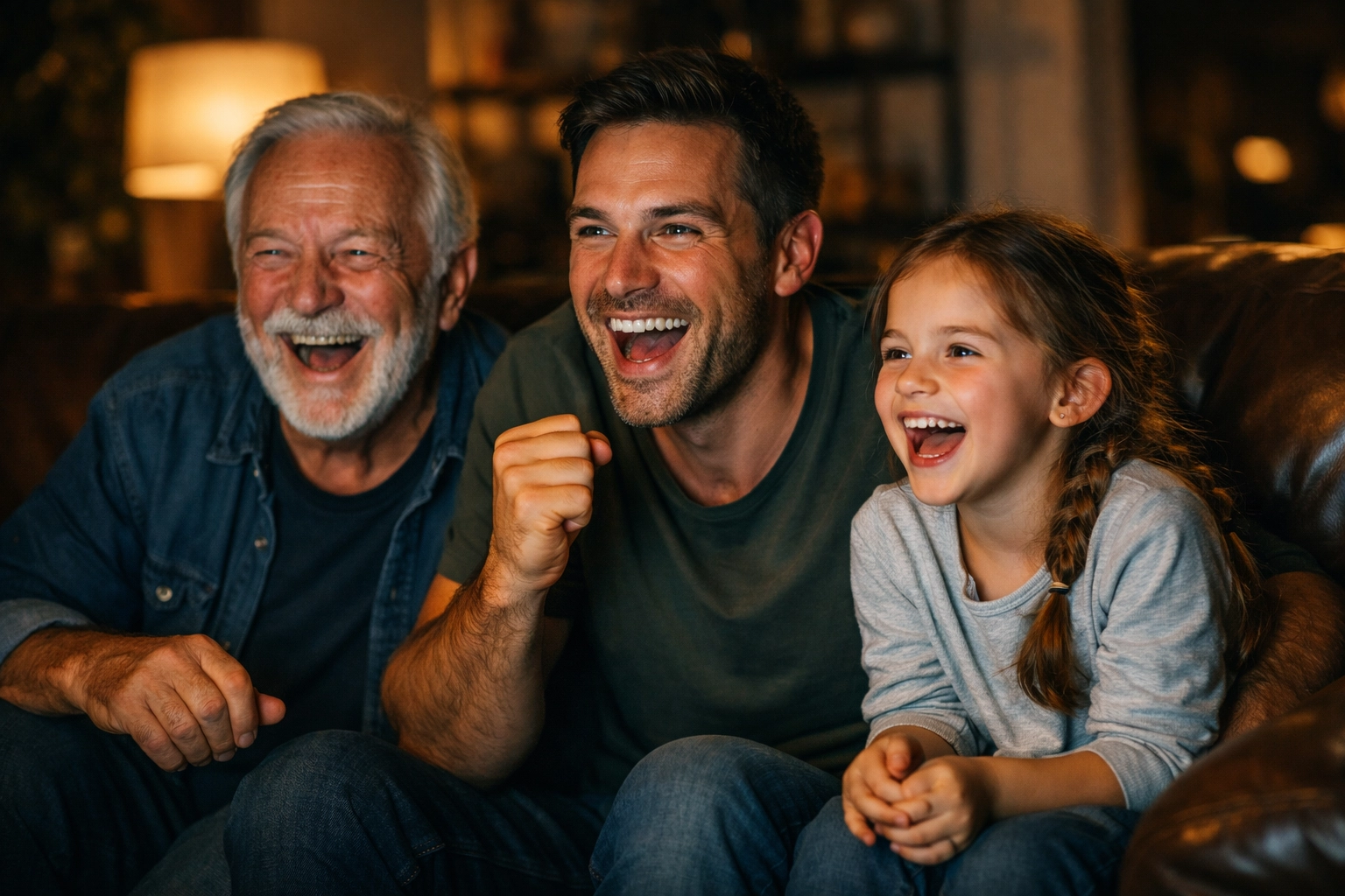 A multi-generational family reacting emotionally to a nostalgic Super Bowl commercial at home.