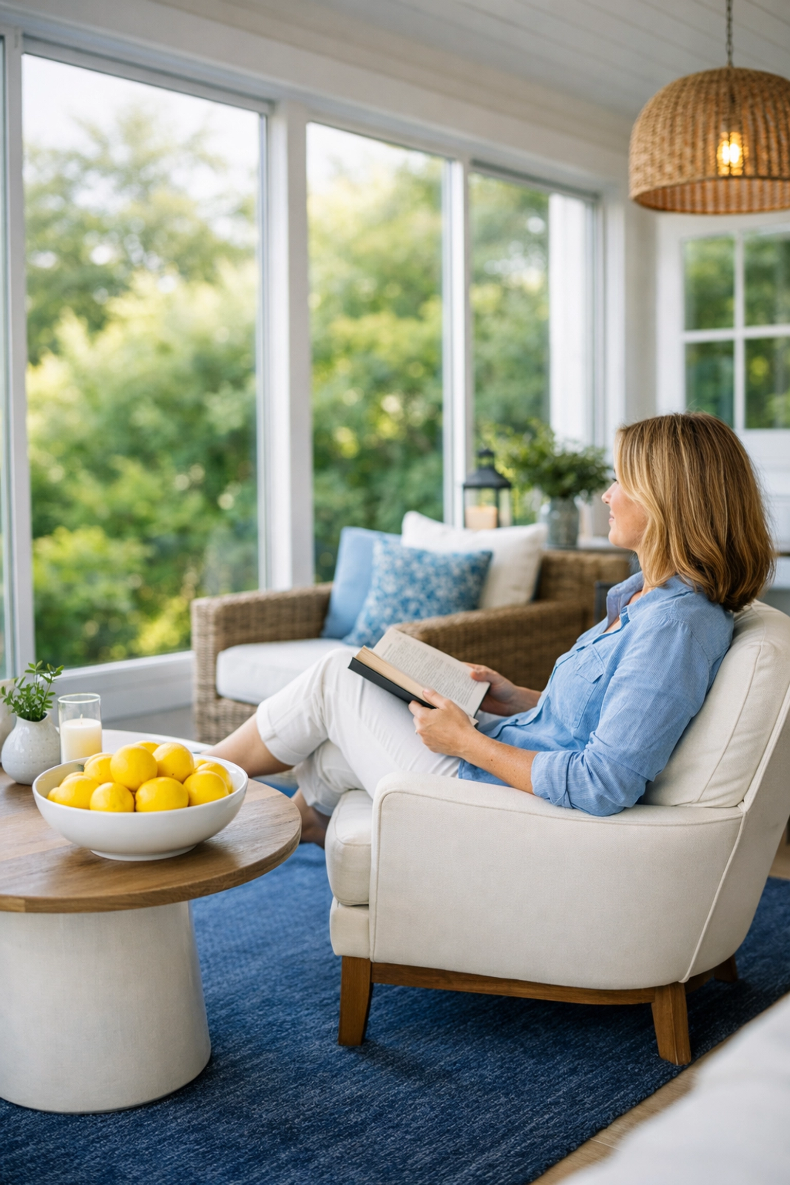 Relaxed homeowner in a spotless coastal sunroom after professional residential cleaning Massachusetts.