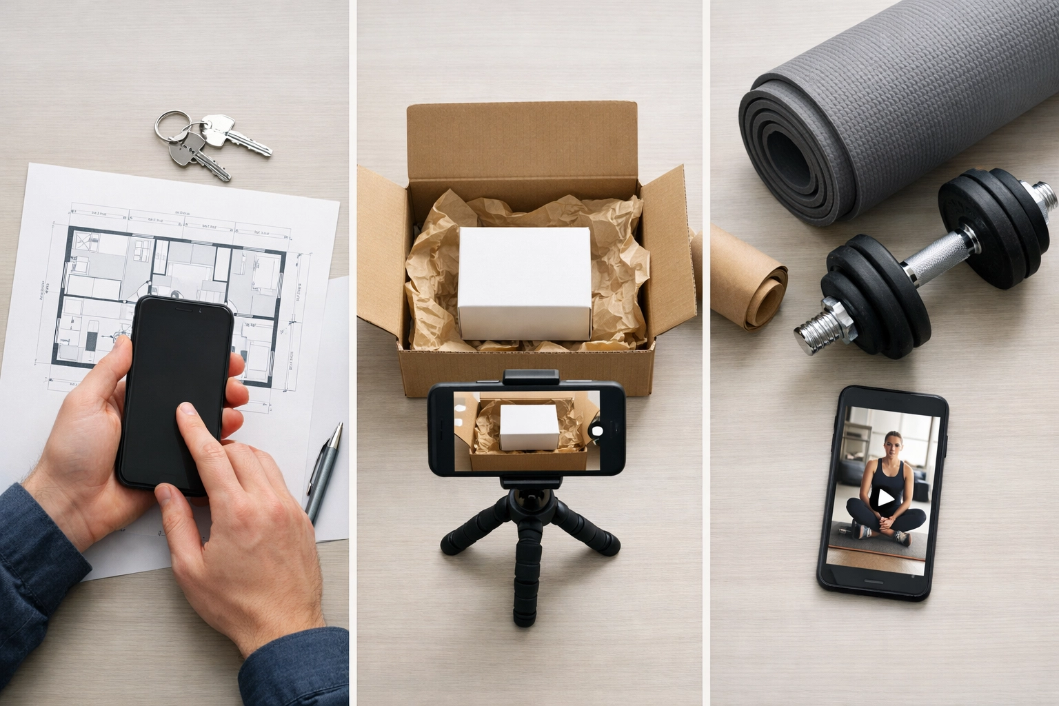 Real estate and e-commerce setups using small marketing automation tools for professional video content.