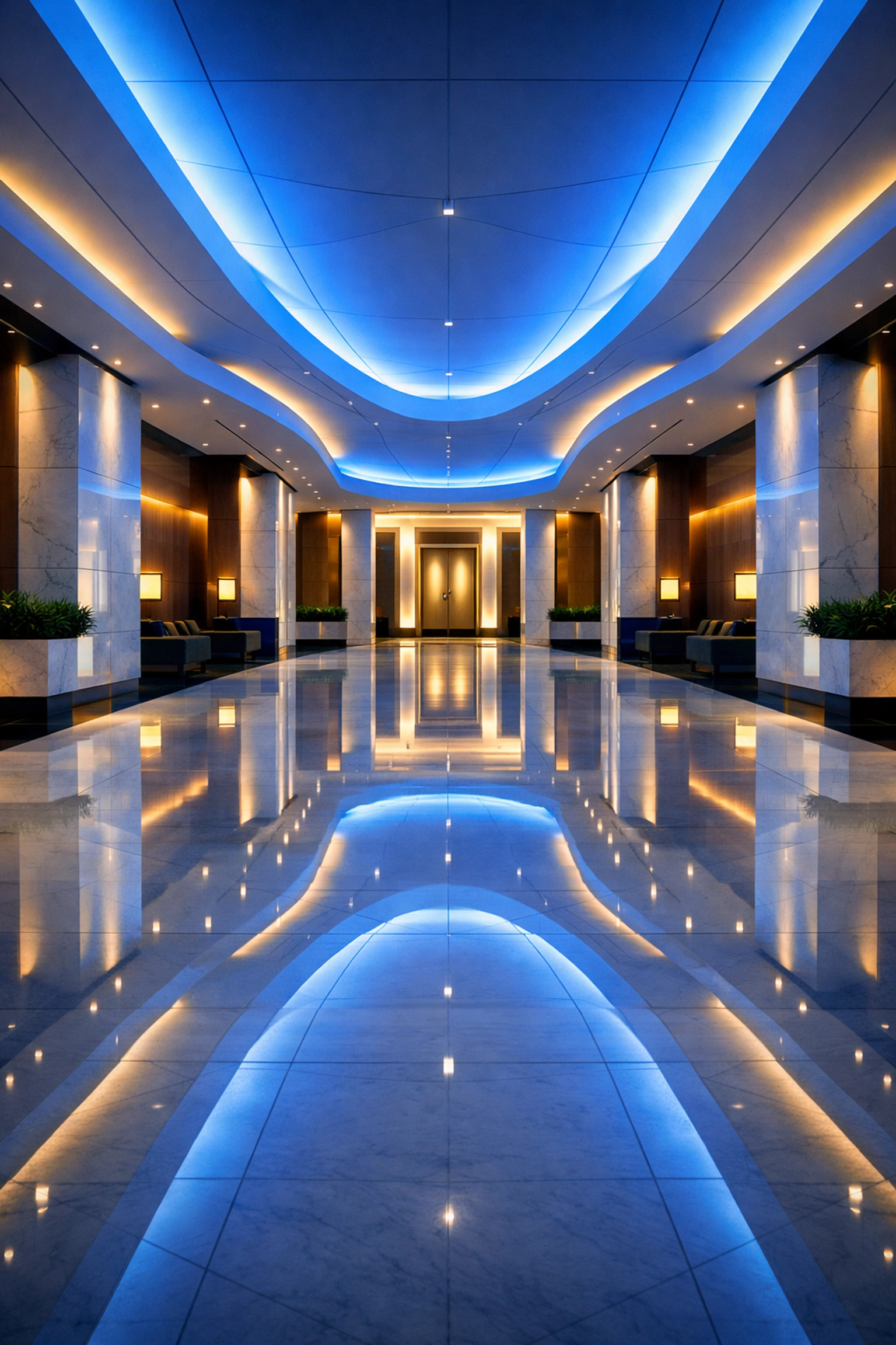 Pristine marble lobby floor demonstrating the results of high-end janitorial services Massachusetts.