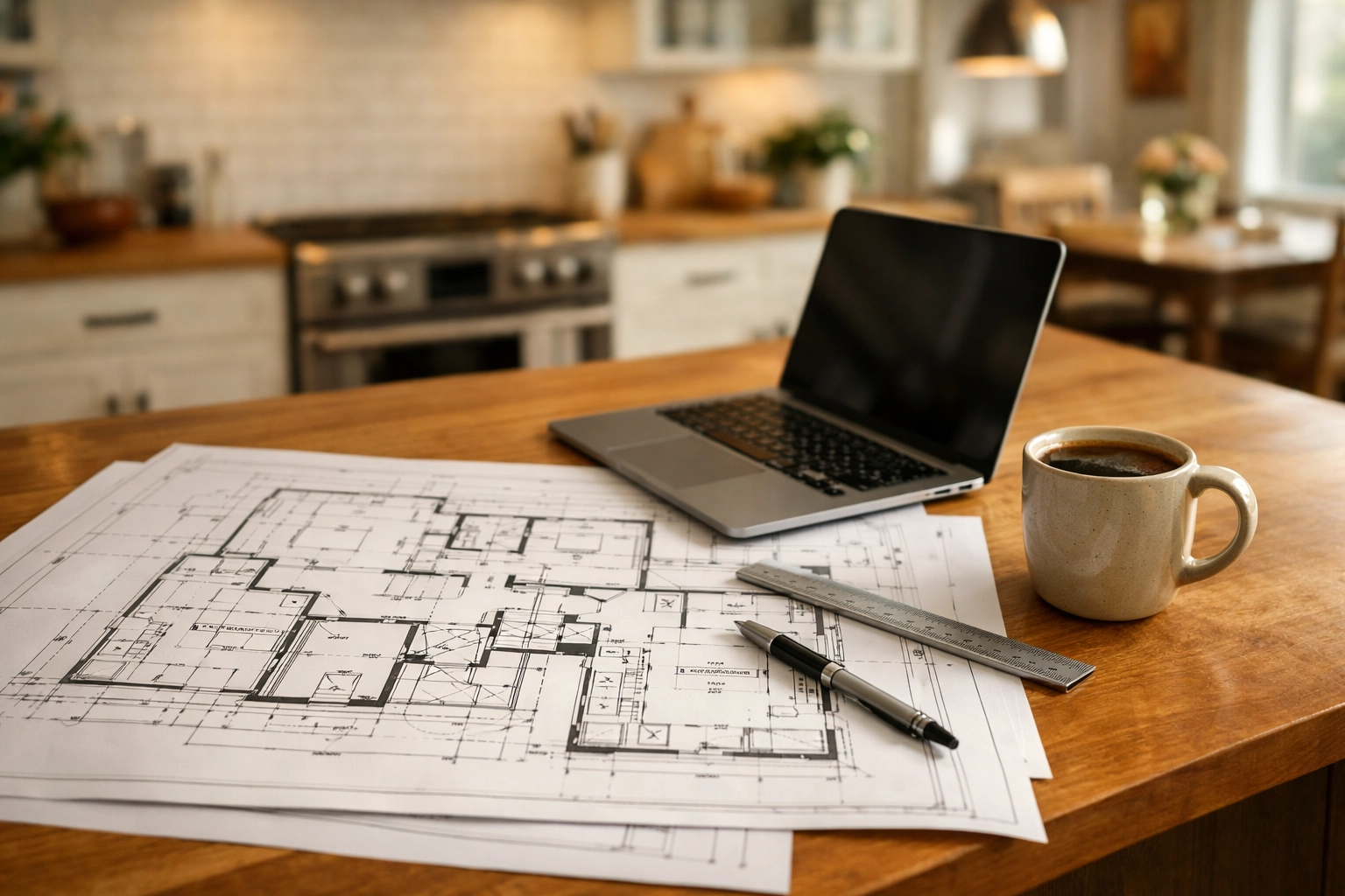 Architectural blueprints on a kitchen island illustrating the Bay Village renovation process.
