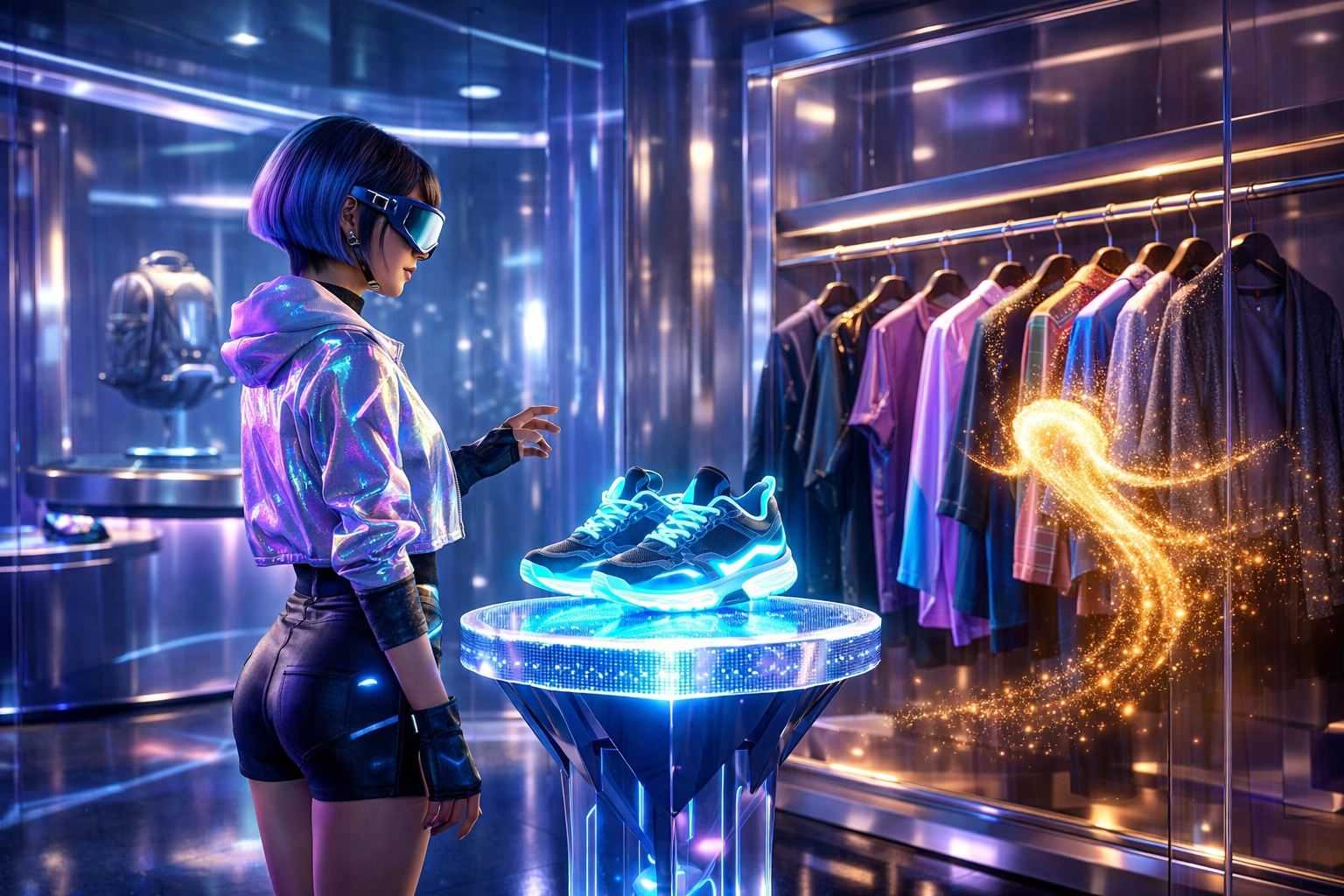 AI-powered shopping assistant helping a digital avatar choose sneakers in a virtual metaverse boutique.