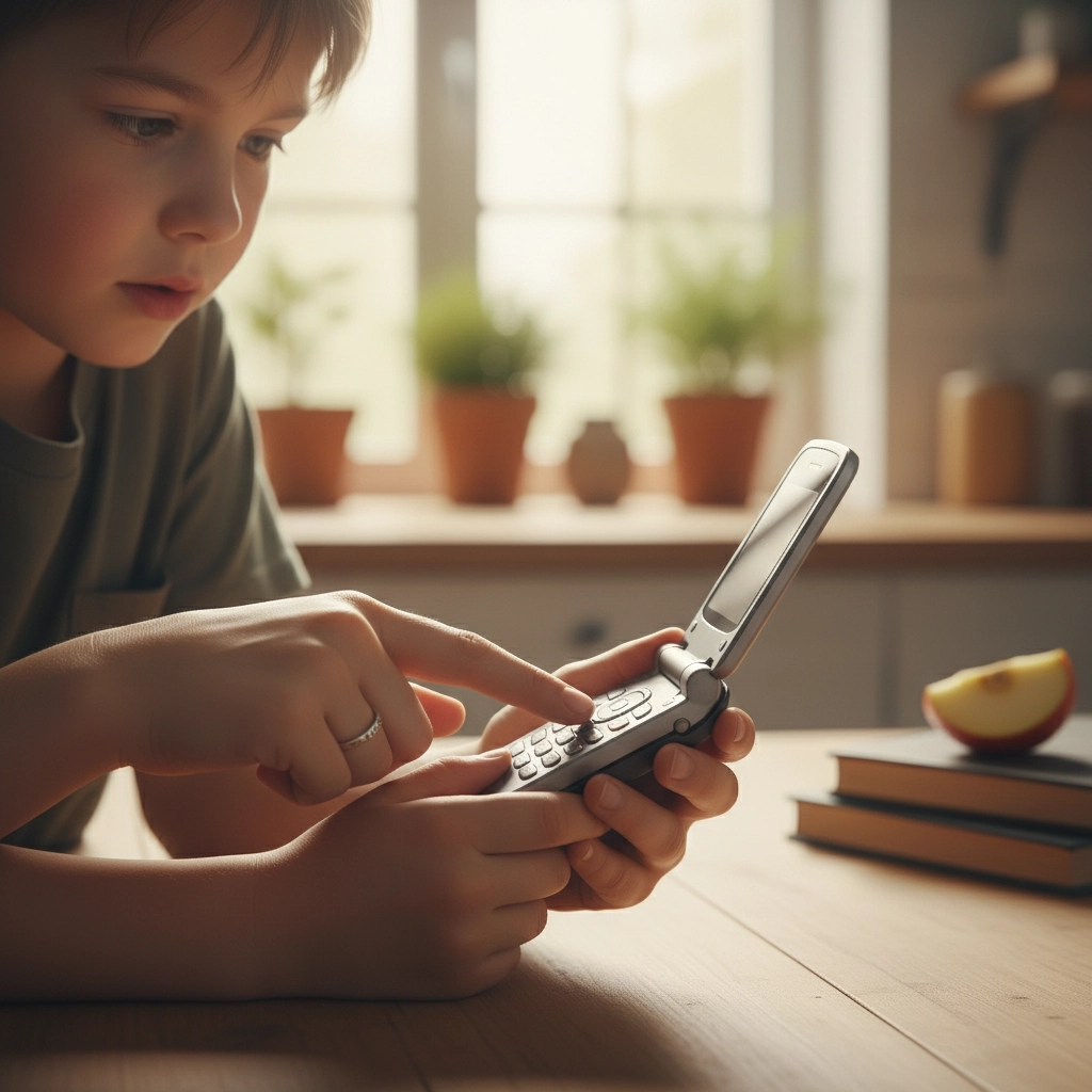 A picture of a young boy being shown something on a flip phone held by a woman's hand in their kitchen. How to Create a Family Emergency Plan in 5 Minutes (Even with Crazy Schedules)