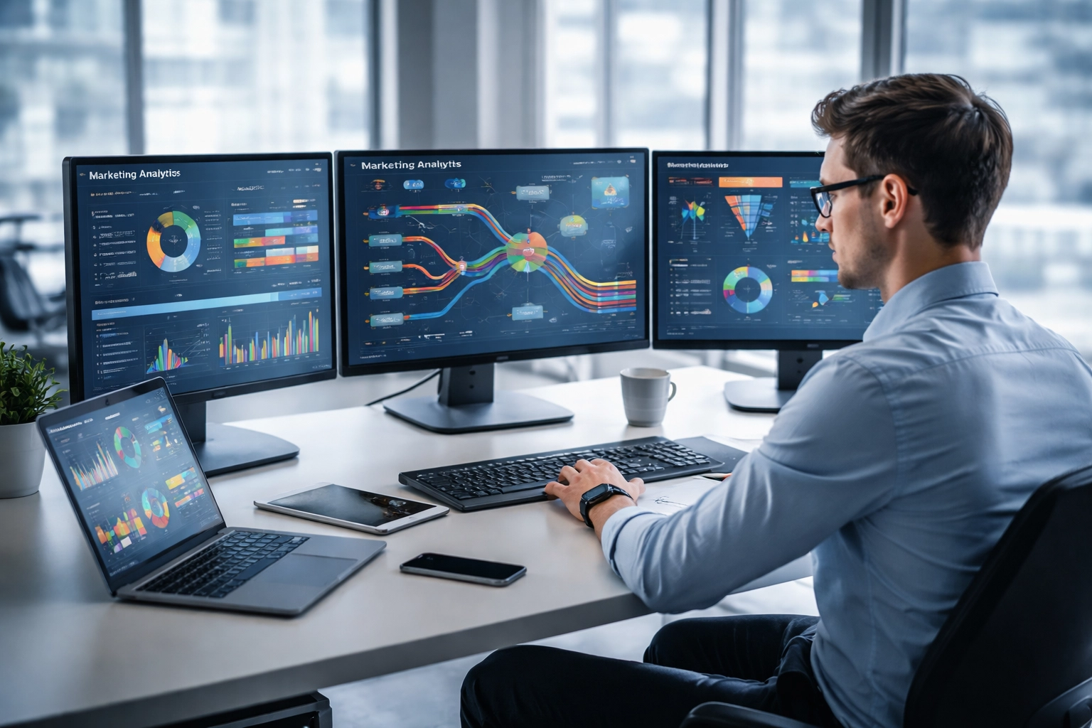 Marketing analyst reviewing customer data dashboards on multiple screens for optimized personalization strategies