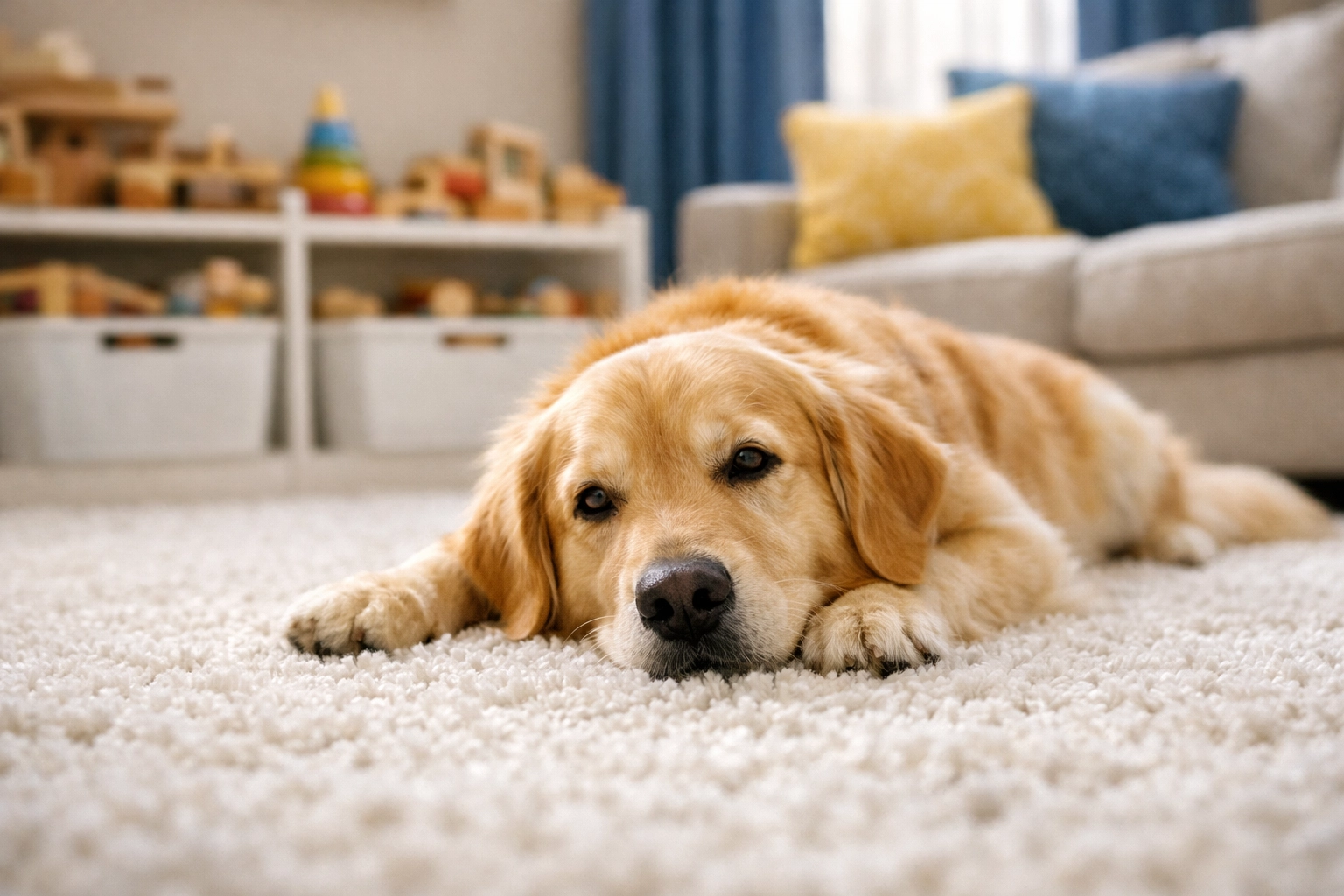 Safe, spotless family room with a clean rug and pet, showing the results of eco-friendly house cleaning Shirley MA.