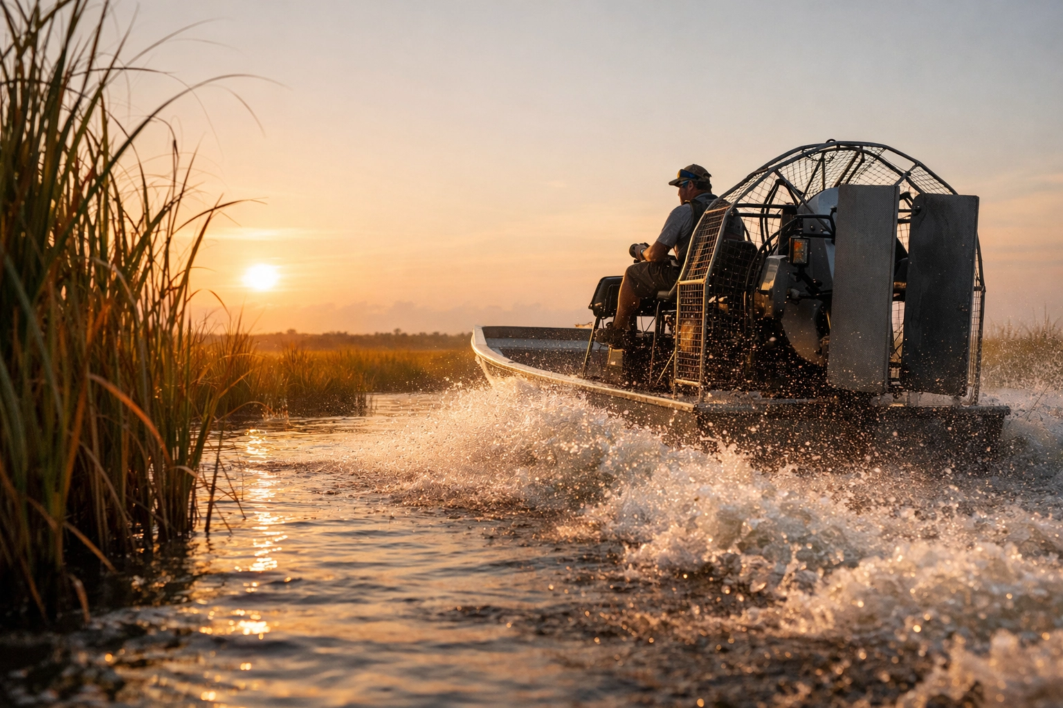 Airboat touring the sawgrass marshes of Everglades National Park at sunrise, a top fun thing to do in Miami.