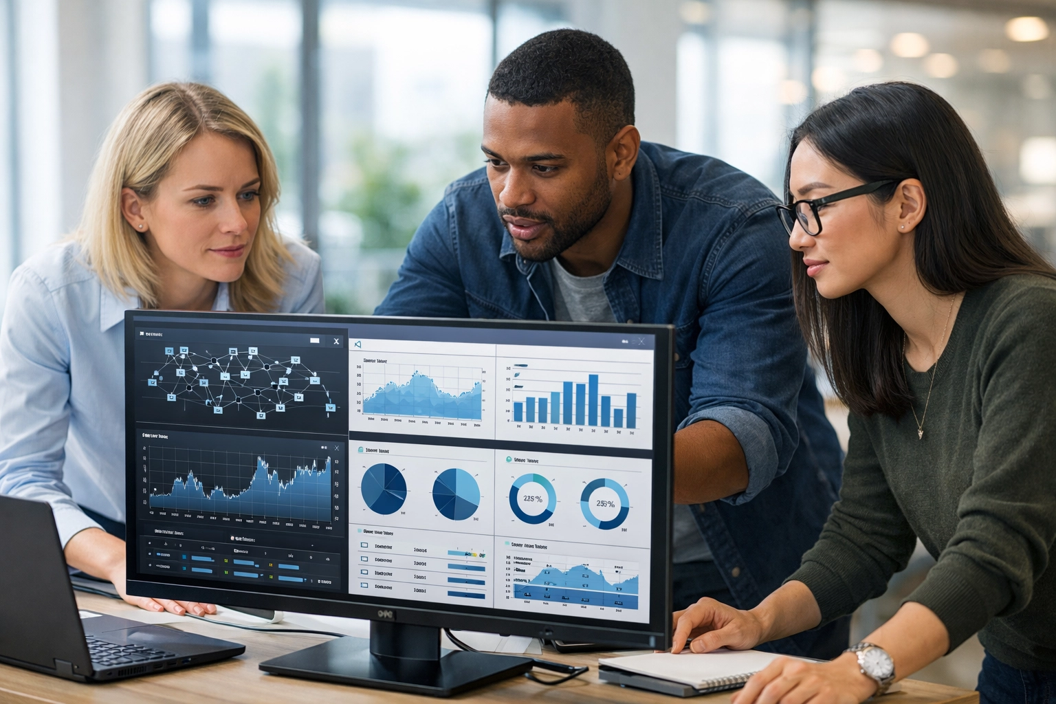 IT architects analyzing ServiceNow ITOM and ITAM data on a dashboard for license optimization and ROI.