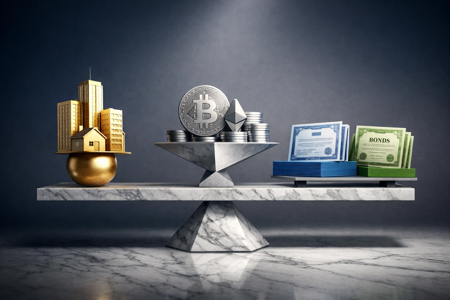 Diversified portfolio allocation across real estate, crypto, stocks, and bonds for wealth preservation