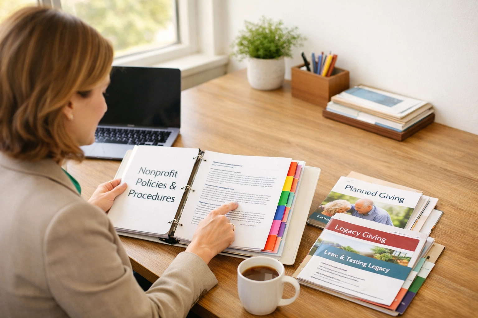 Development director reviewing organized gift acceptance policy for charitable gift annuities and trusts