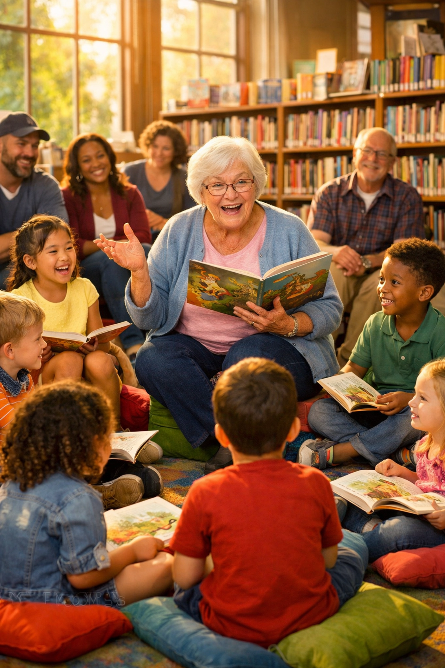 Children and volunteer reading together in community library literacy program