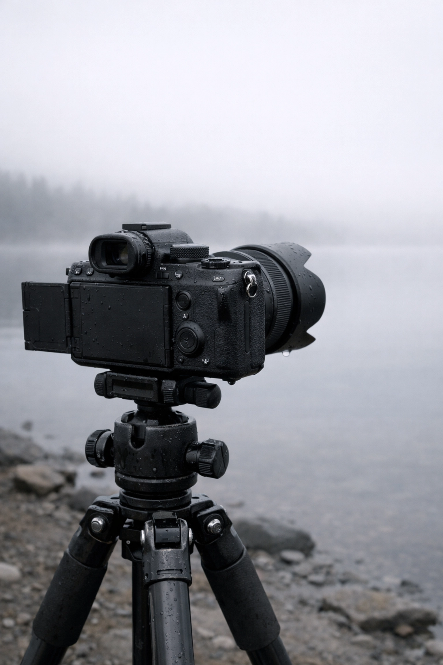 Professional camera on a tripod at a foggy lake for capturing ethereal photography landscapes.