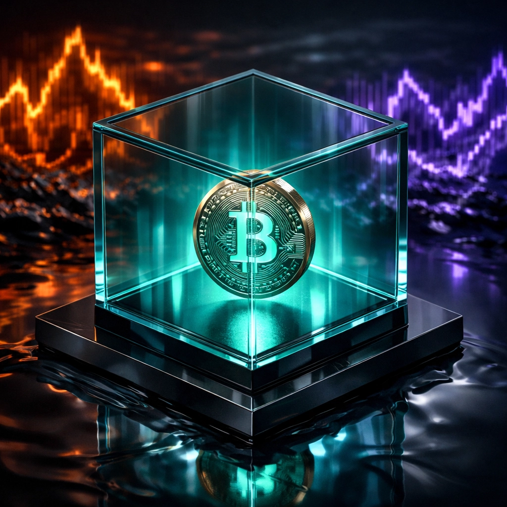 Stable LUSD digital currency secured in a glass case, representing safe Web3 payments for merchants.