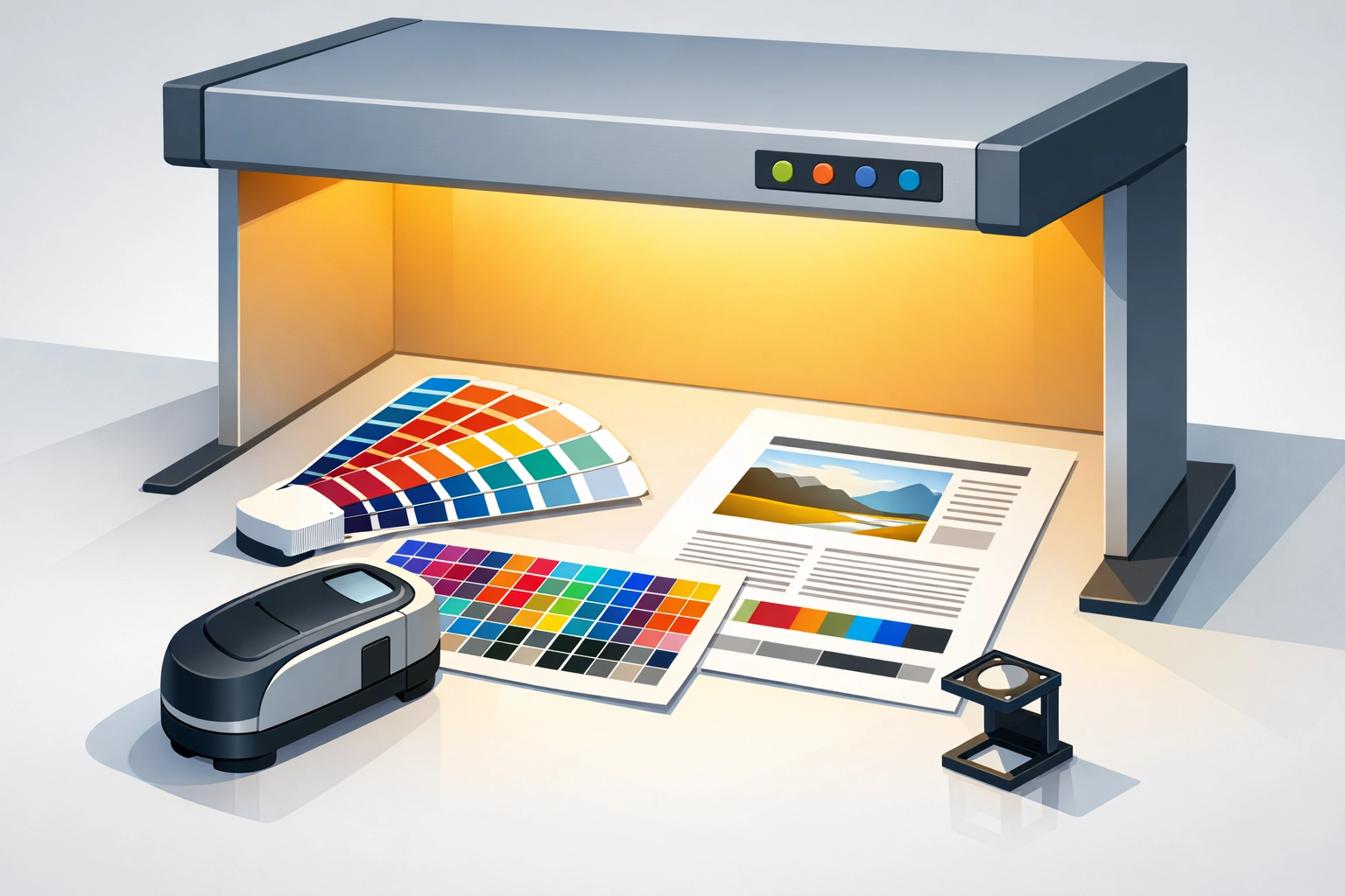 Professional color proofing station with D50 lighting and spectrophotometer for accurate print evaluation