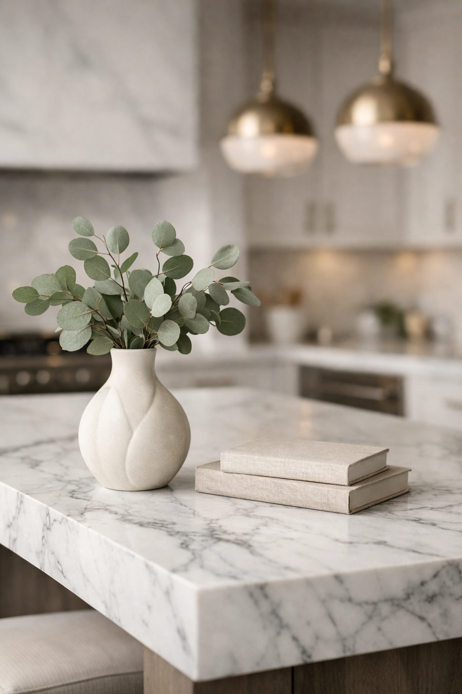 Elegant marble kitchen island detail shot demonstrating high-end branding for real estate listings.