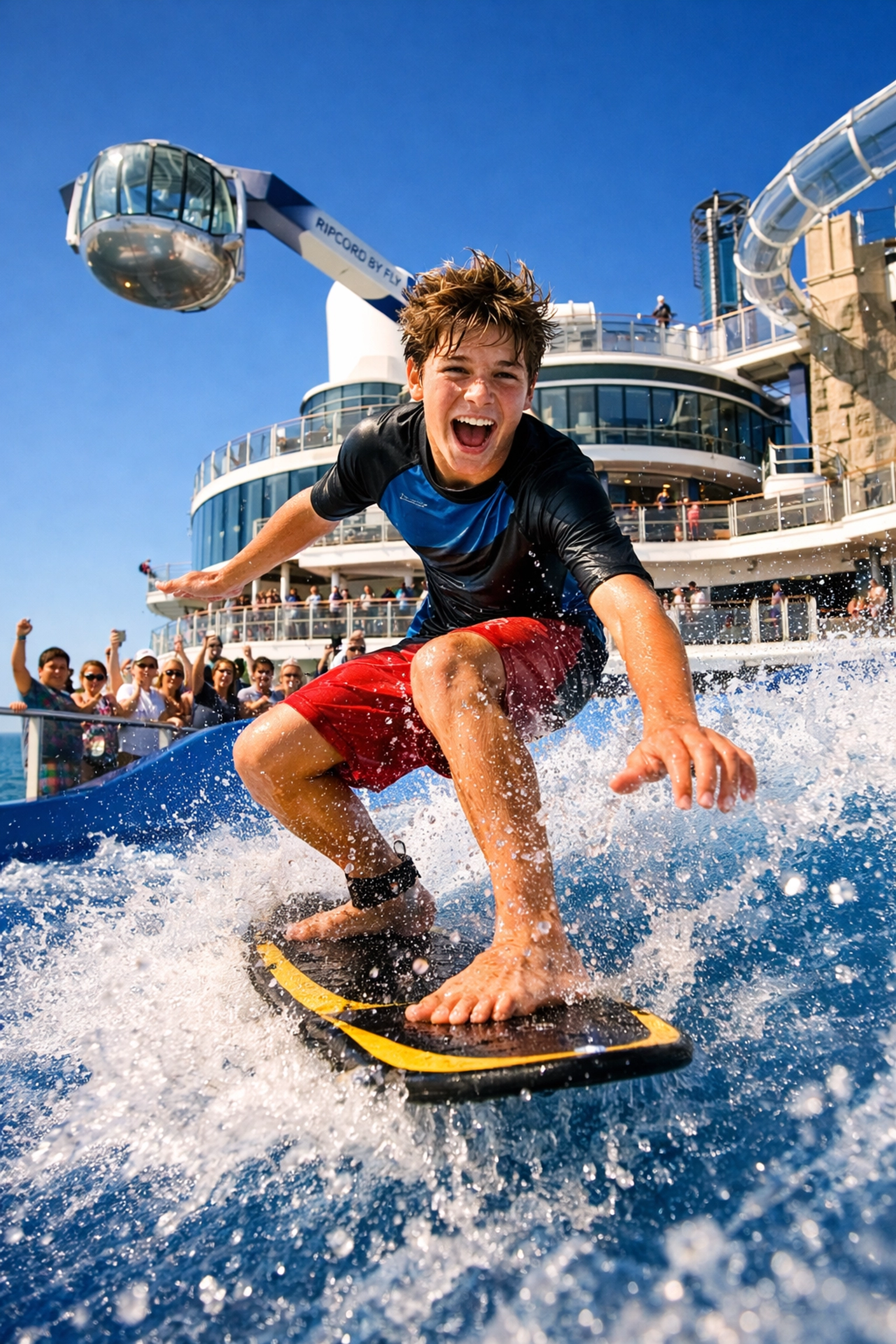 Surfing on a cruise ship simulator, showing the exciting onboard activities available for first-time cruisers.