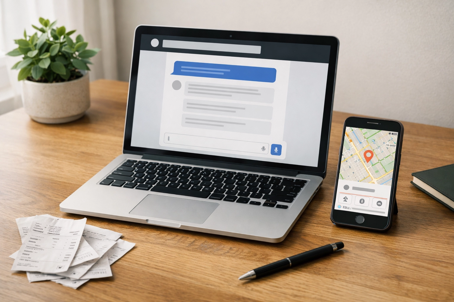 Modern desk with devices showing local maps and AI search results, highlighting the importance of local SEO services.