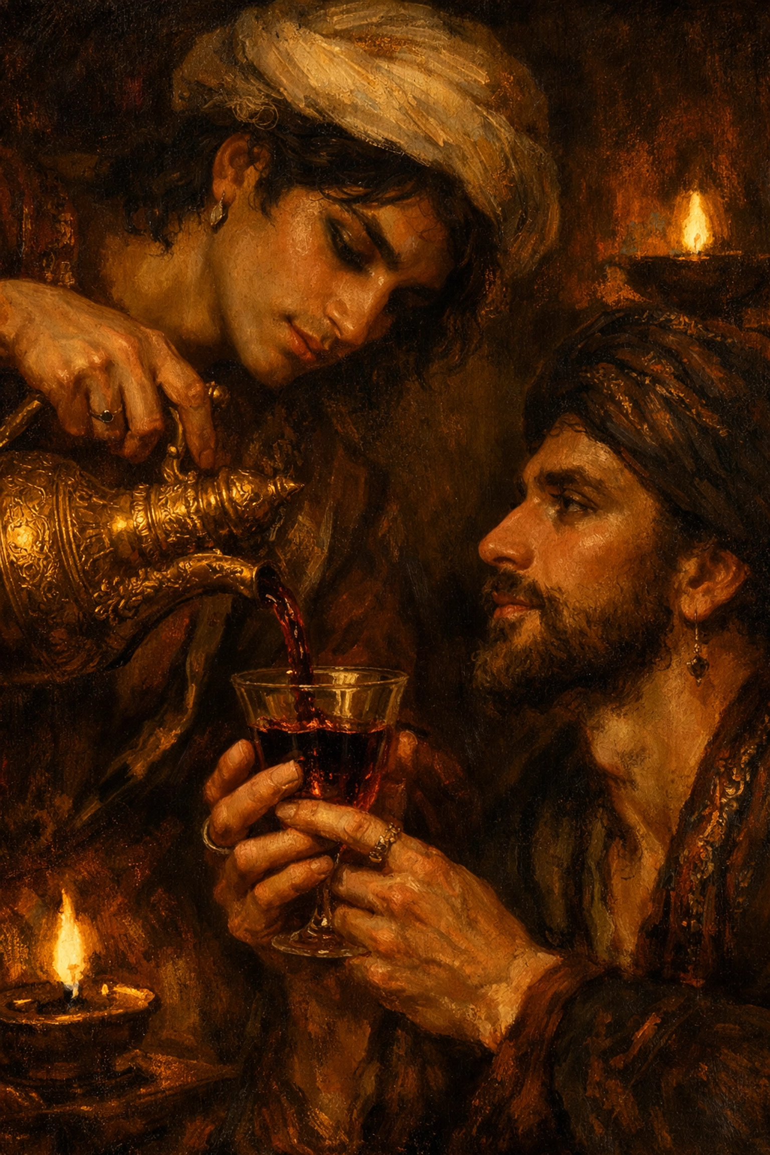 A romantic moment between two men sharing wine in ancient Baghdad, inspired by gay historical romance themes.