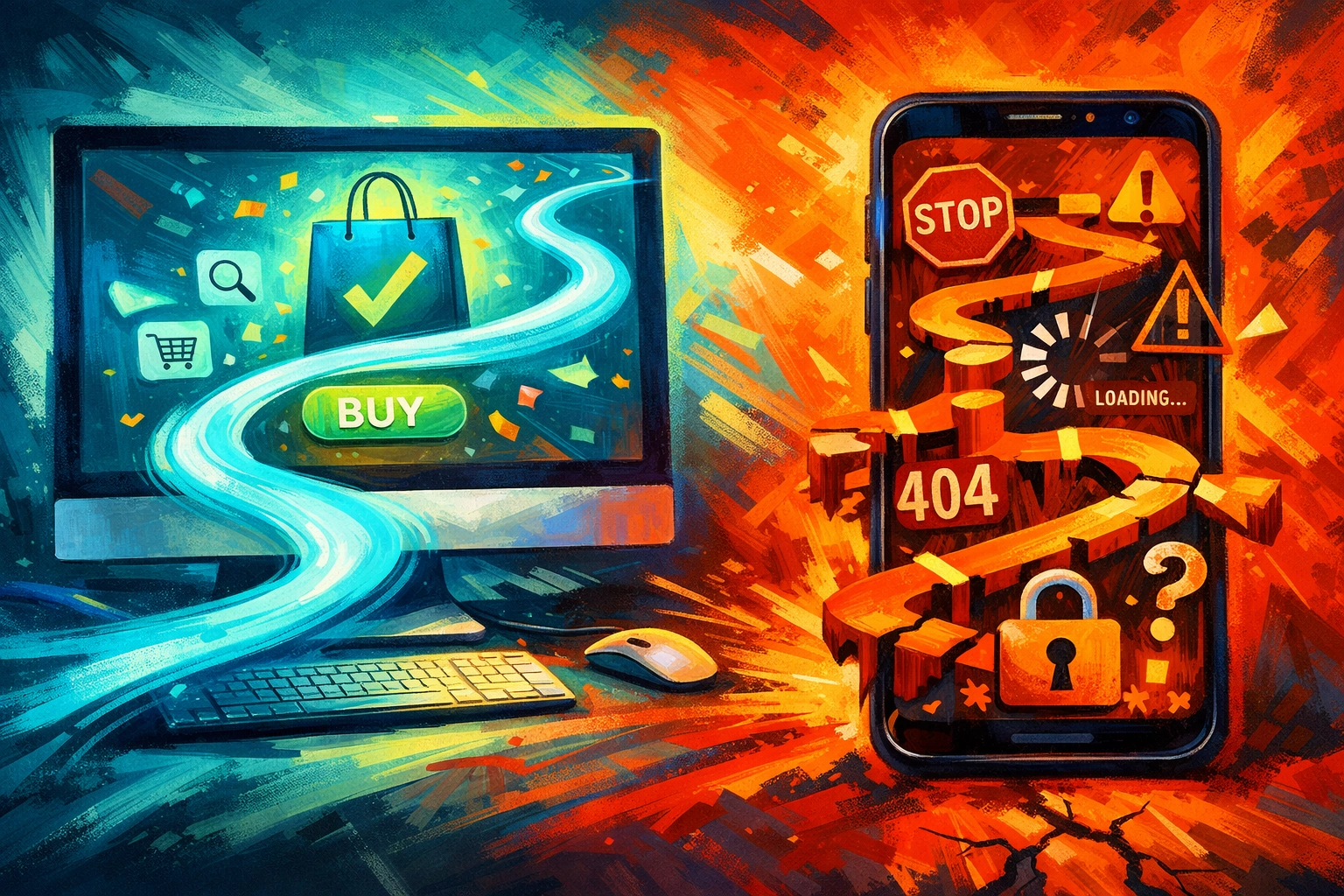 Mobile vs desktop checkout journey comparison showing cart abandonment paths and conversion rates